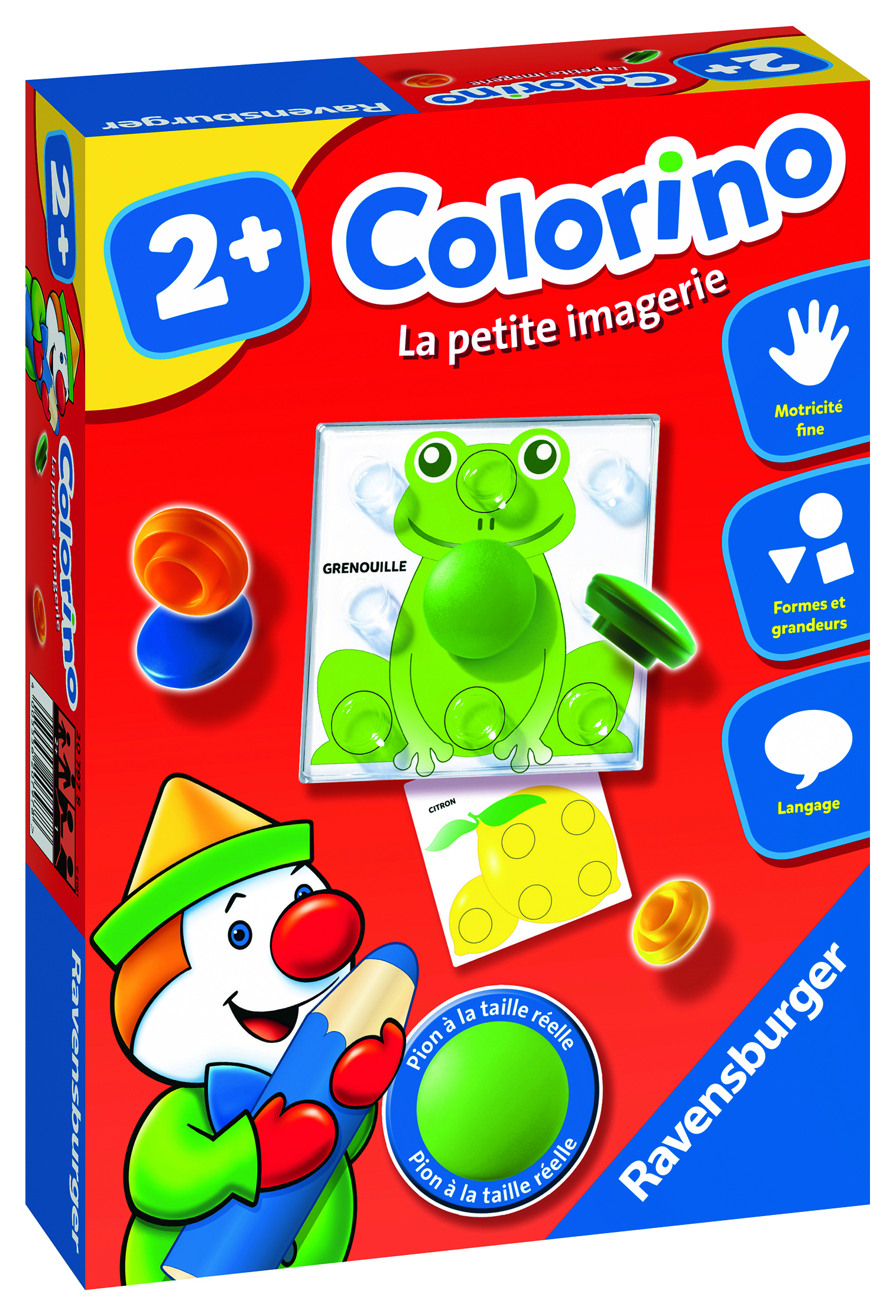 Una scatola del gioco Colorino. La scatola presenta un clown, una rana e pezzi del gioco. Lo sfondo è rosso con il logo Ravensburger.