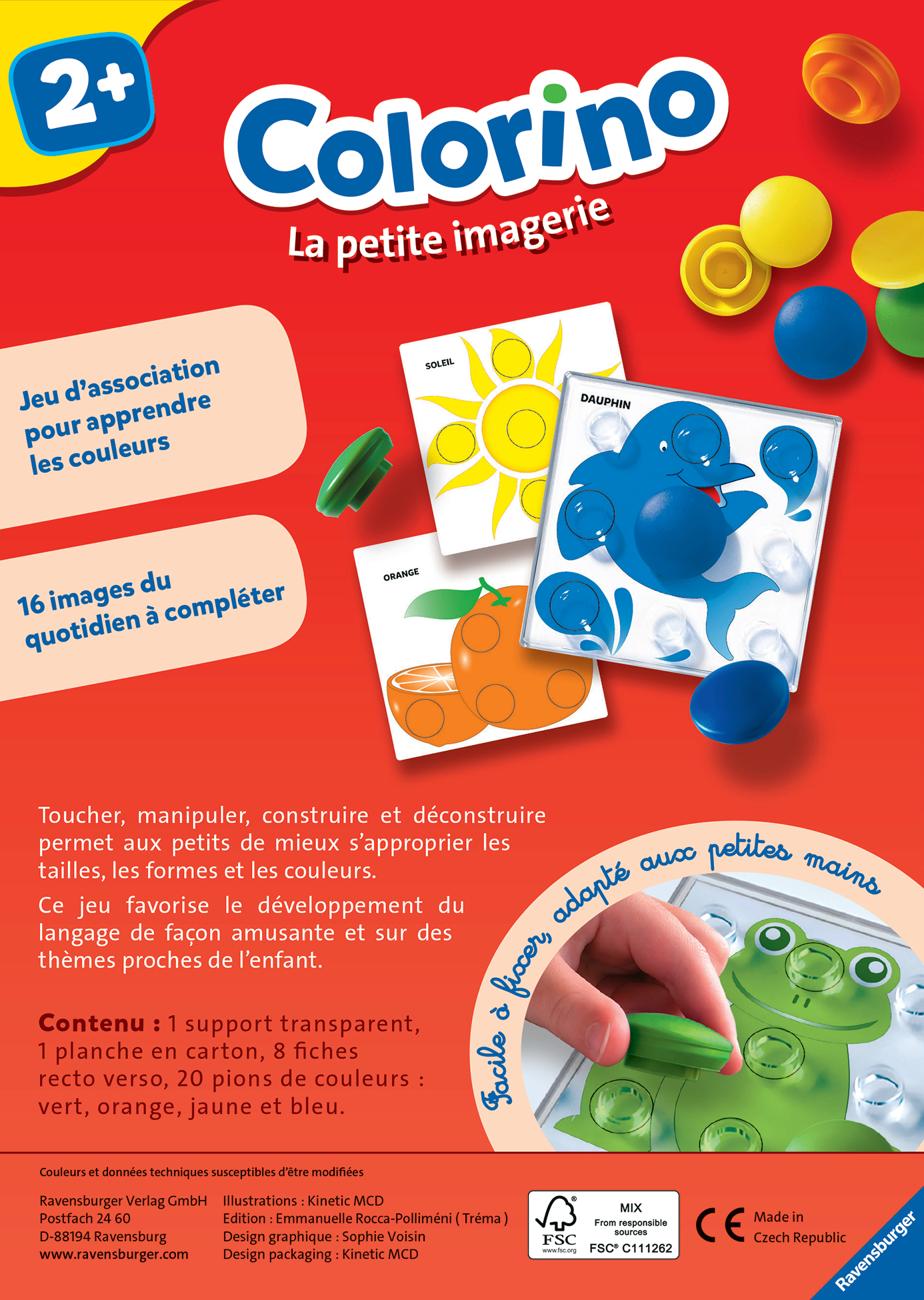Un gioco per bambini colorato con illustrazioni di sole, arancia e delfino. Include pioli colorati e una tavola a forma di rana.
