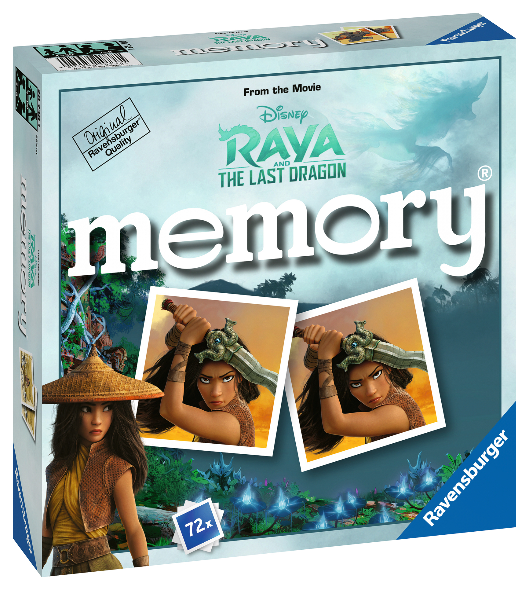 Grafika pudełka do gry Memory Raya i Ostatni Smok Disneya. Zawiera Rayę, tytuł gry i logo Ravensburger.