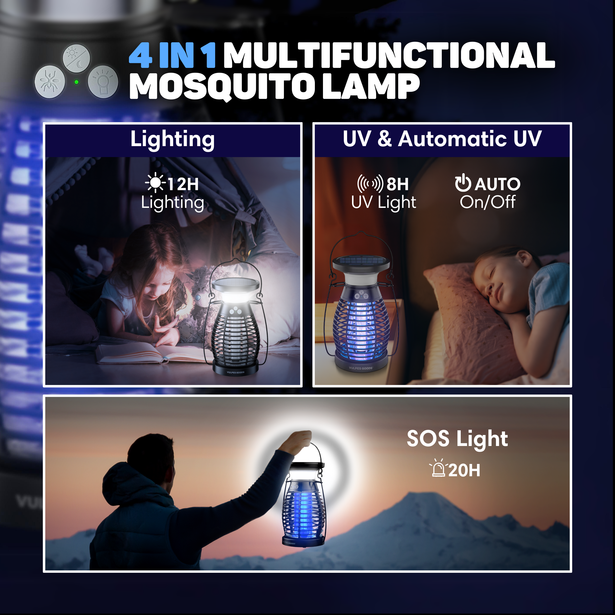 A multifunctional mosquito lamp shows lighting, UV light, and SOS light functions. The lamp is held by a person.
