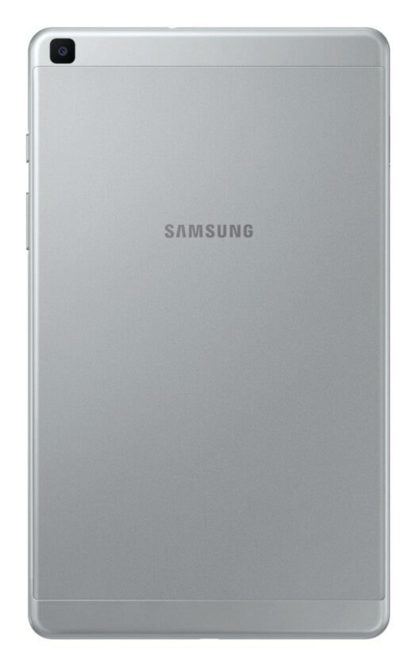 Retro di tablet Samsung argento. Ha una fotocamera in alto a sinistra, il logo Samsung e una superficie liscia.