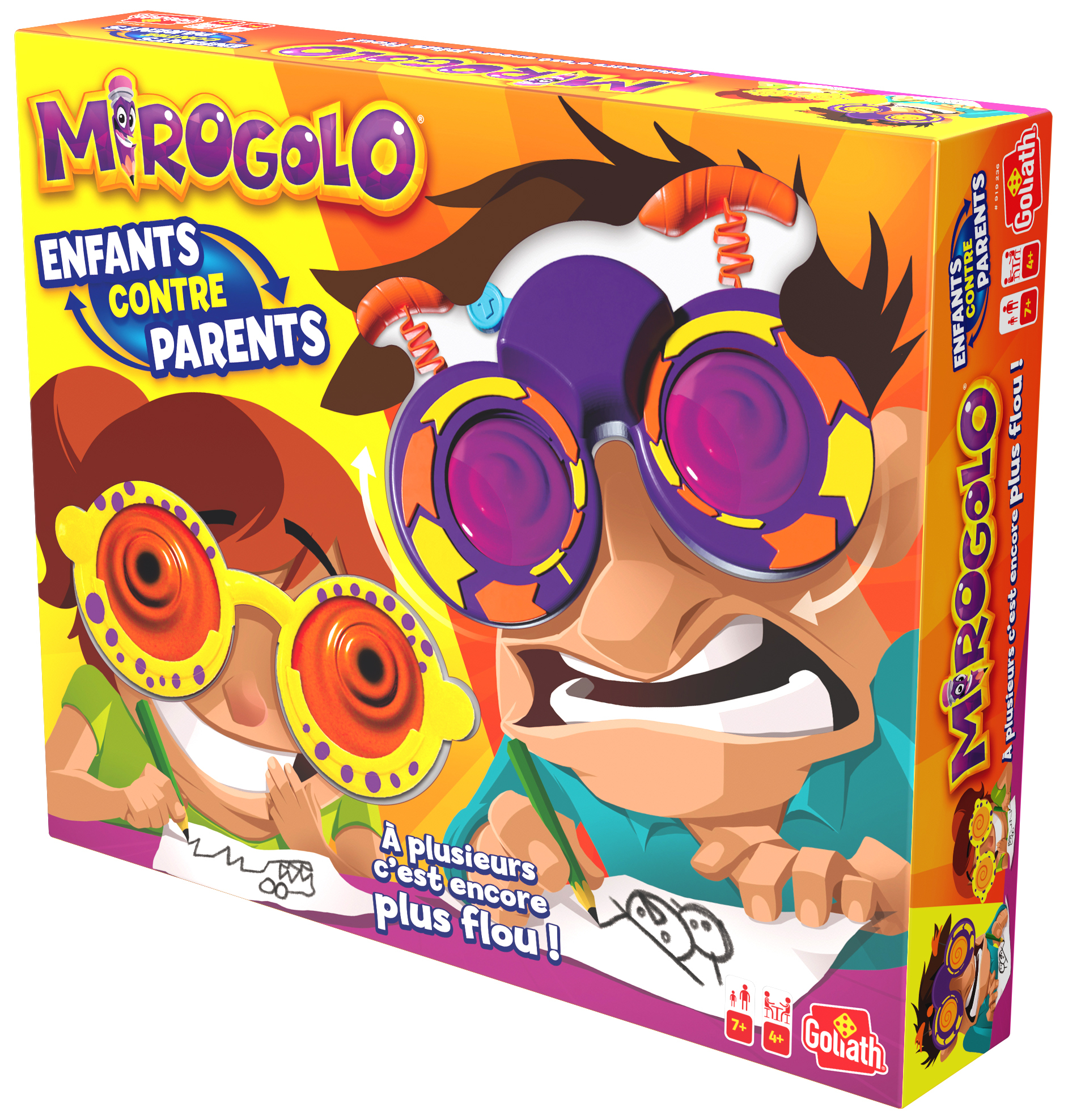Spelbox met stripfiguren met een bril. Het spel heet "Mirogolo" en gaat over kinderen vs. ouders, tekenen.
