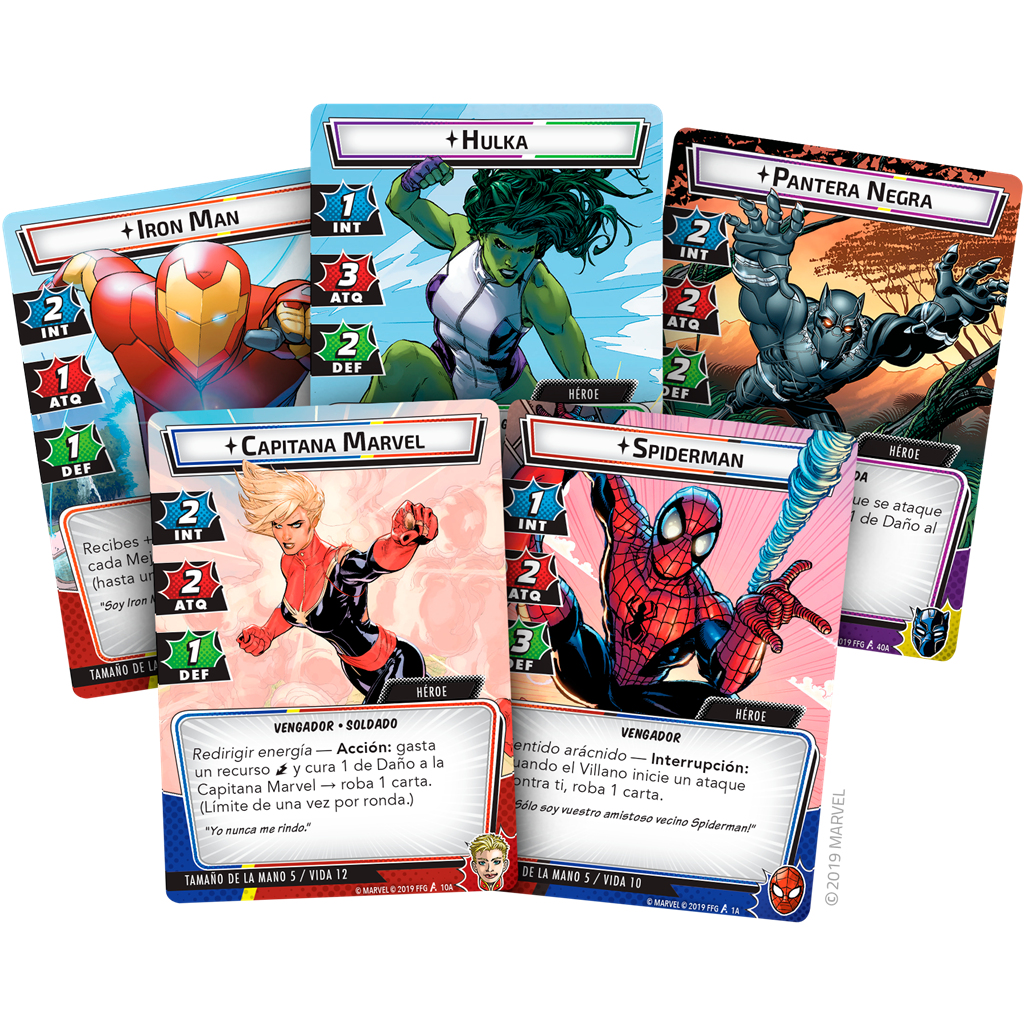 Marvel-Karten mit Iron Man, Hulk, Captain Marvel, Spider-Man und Black Panther. Jede Karte zeigt Charaktere und Statistiken.