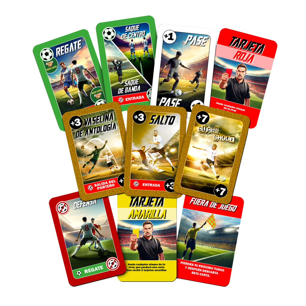 Tarjetas con escenas de fútbol y texto, incluyendo 'Regate', 'Pase', 'Tarjeta Roja', con ilustraciones de jugadores y árbitros.