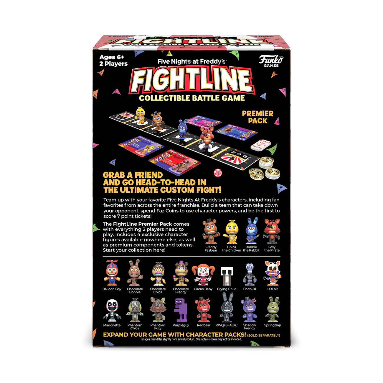 Scatola del gioco Fightline, un gioco di battaglia collezionabile di Five Nights at Freddy's, con personaggi e componenti.
