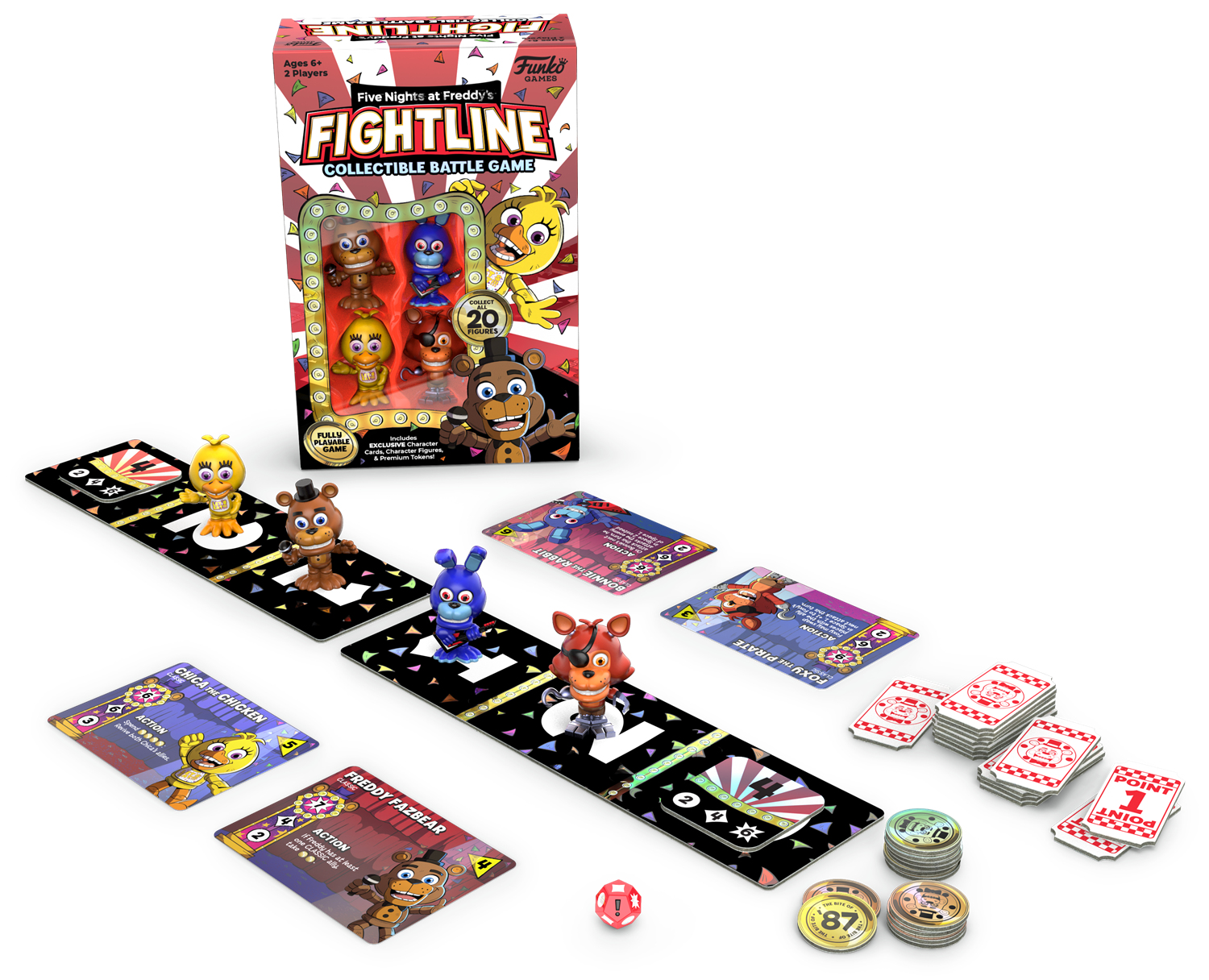 Un gioco da tavolo di Five Nights at Freddy's con figure, carte, gettoni e un dado, con pezzi su tavole nere.