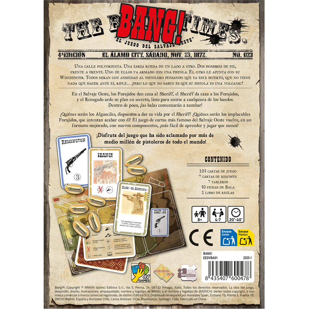 Caja de juego de cartas. El título es 'The Bang! Times'. Tiene cartas, balas y dados. Incluye reglas del juego.