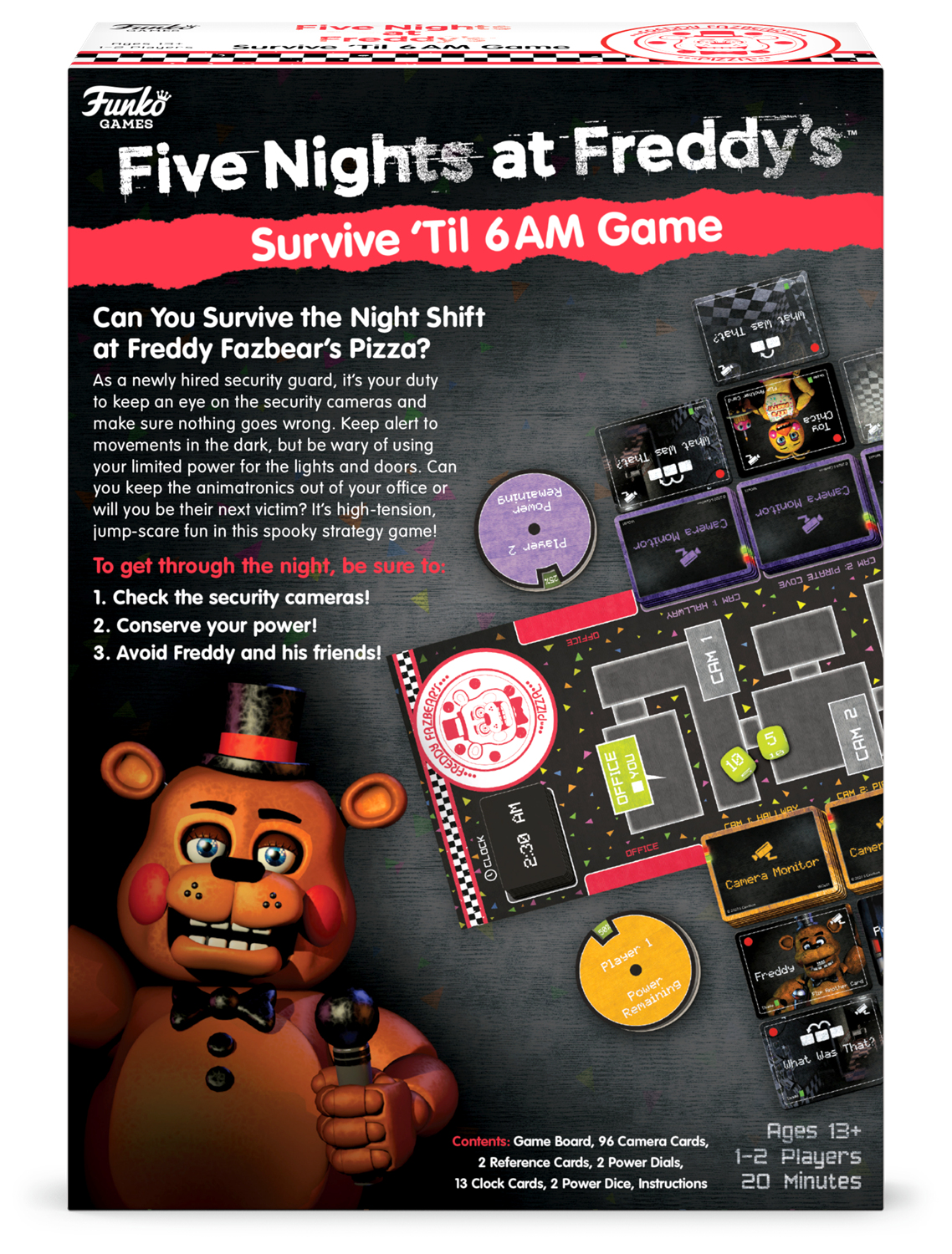 Arte de la caja del juego Five Nights at Freddy's. Freddy Fazbear está al frente, el tablero y las cartas están detrás.