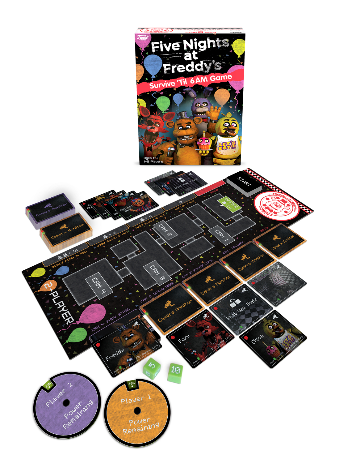 Un juego de mesa 'Five Nights at Freddy's'. La caja muestra personajes. Tablero, cartas, dados y fichas de jugador están ordenados.