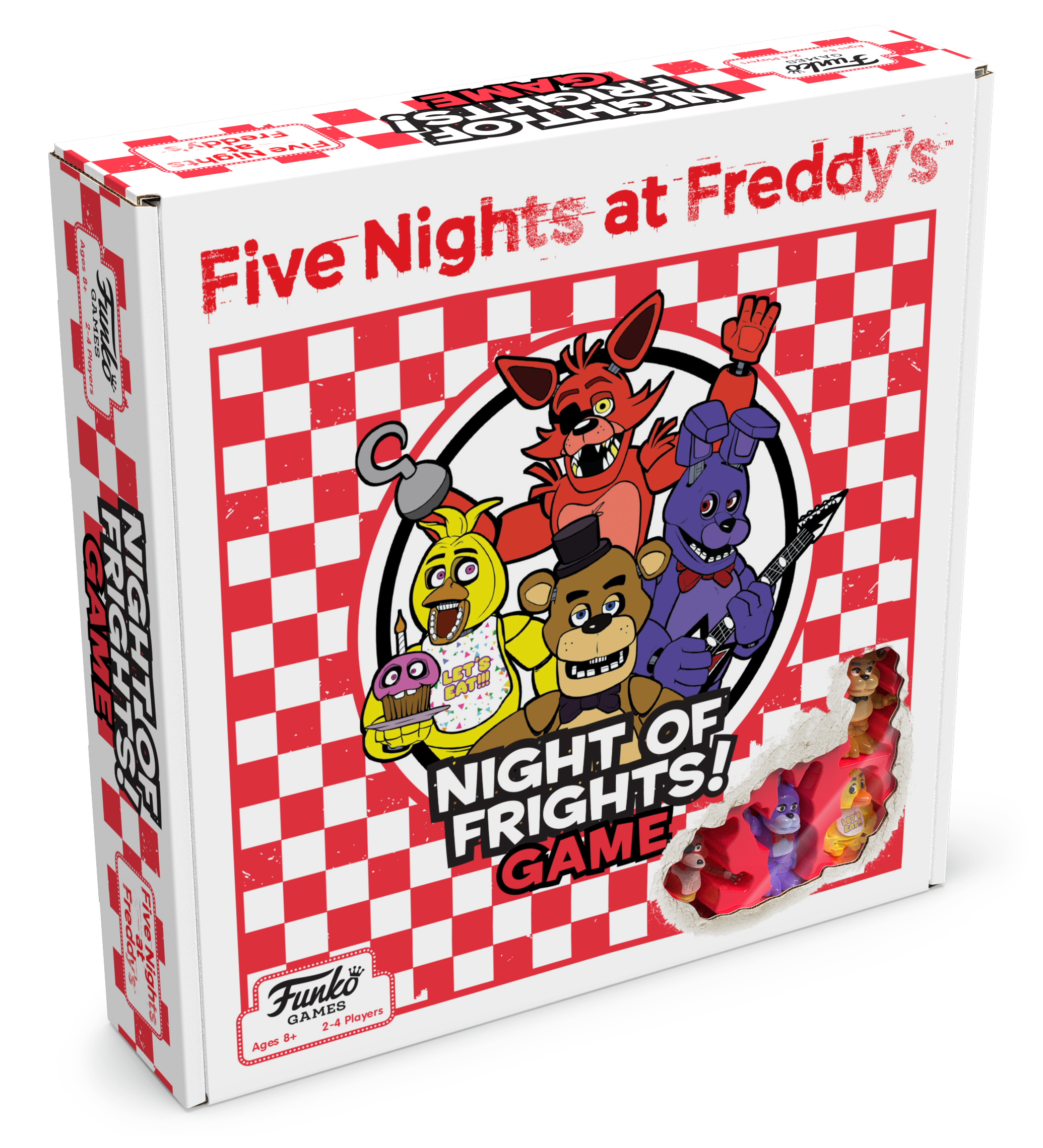 Una scatola del gioco da tavolo Five Nights at Freddy's. Presenta personaggi e un design a scacchi rossi.