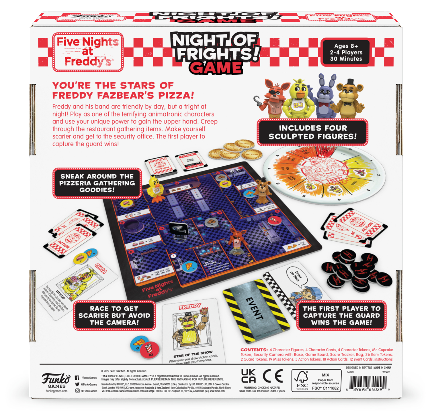 Scatola di gioco con i personaggi di Freddy. Il testo include il nome del gioco, le istruzioni e le figure scolpite.