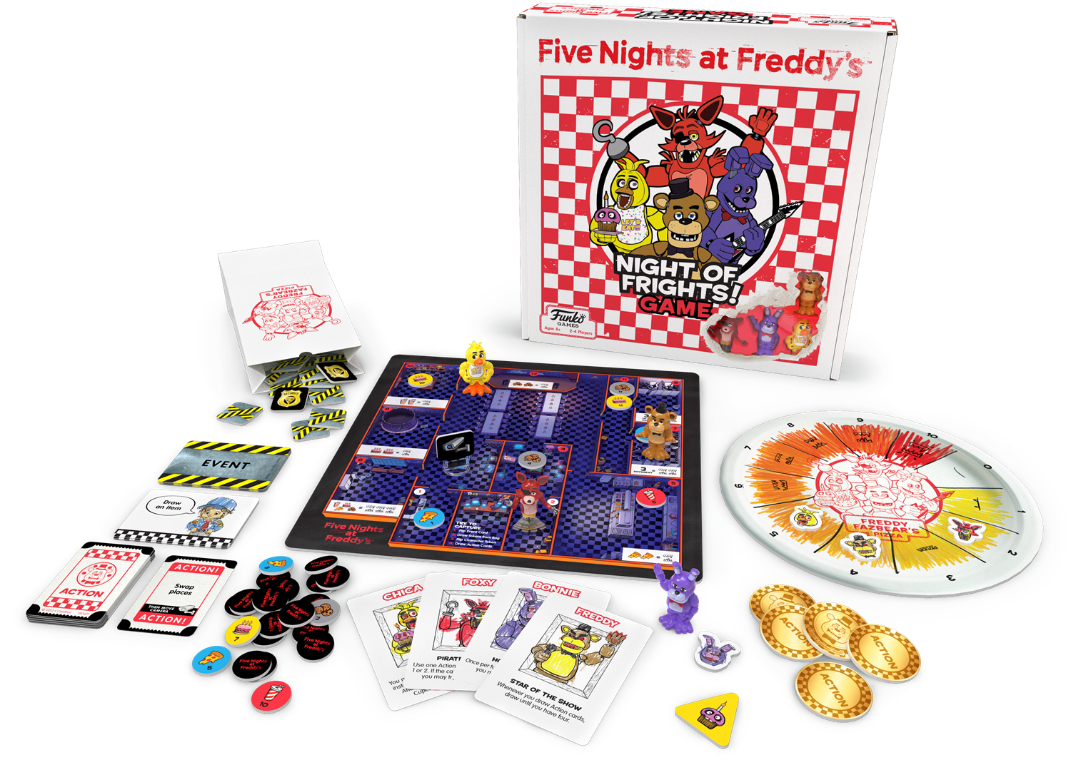 Il gioco da tavolo Five Nights at Freddy's è mostrato, tra cui la scatola, il tabellone, le figurine, le carte e i gettoni.