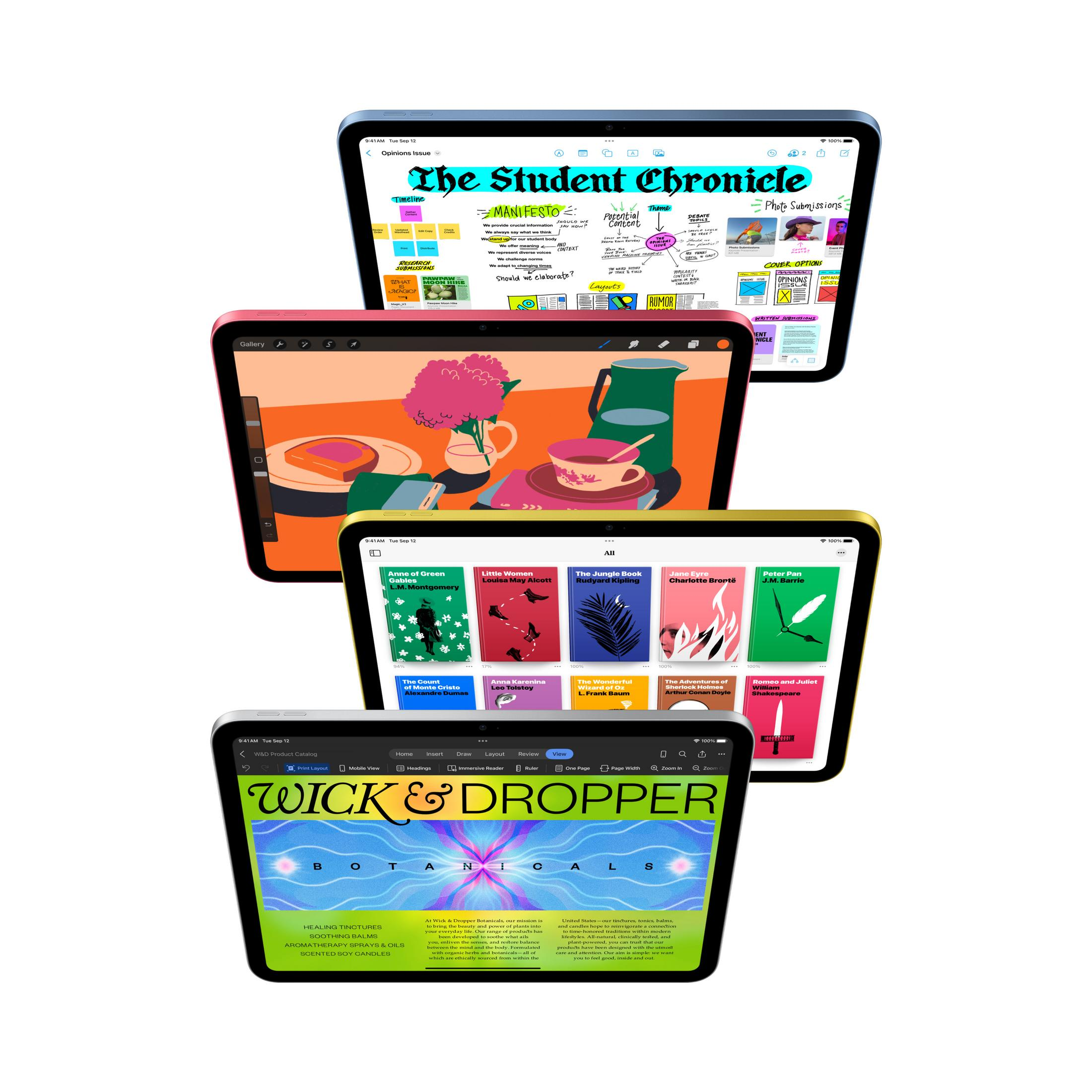 Wiele iPadów wyświetla zawartość: notatki, okładki książek i katalog produktów dla Wick & Dropper Botanicals.