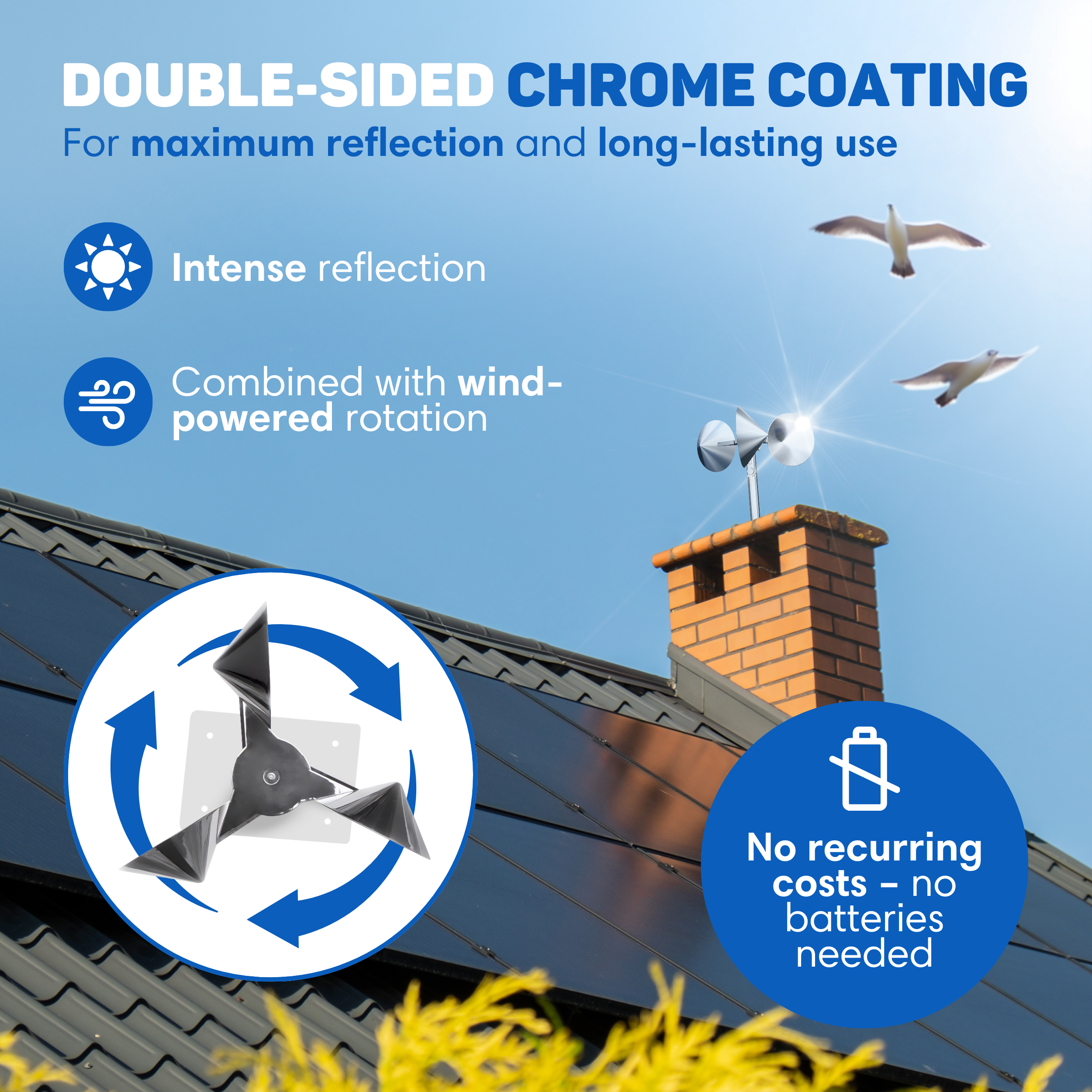 Image shows a roof with a wind-powered device and text about chrome coating and reflection.