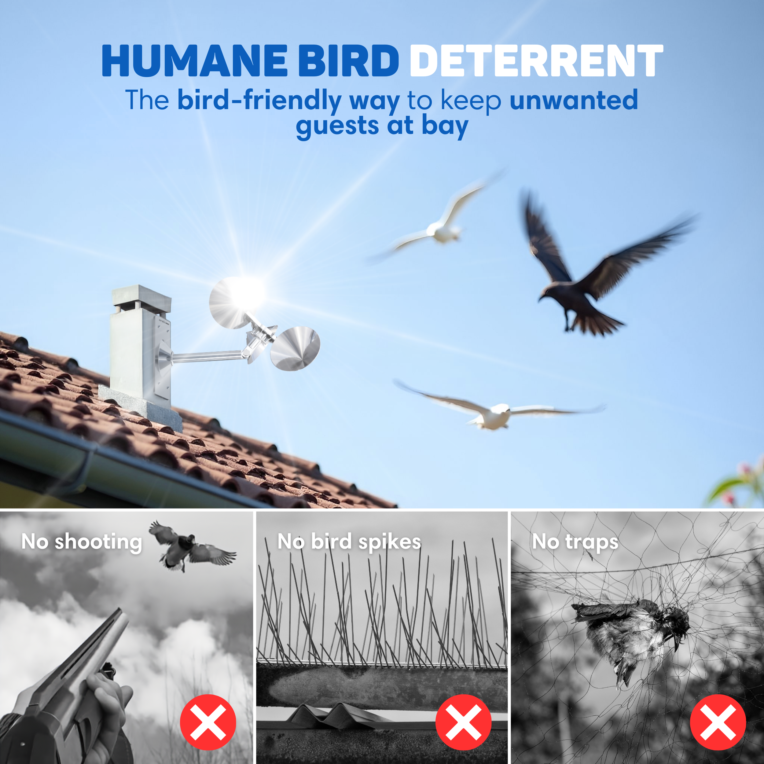 Image shows bird deterrent ad. Birds fly. No shooting, spikes, or traps are shown.