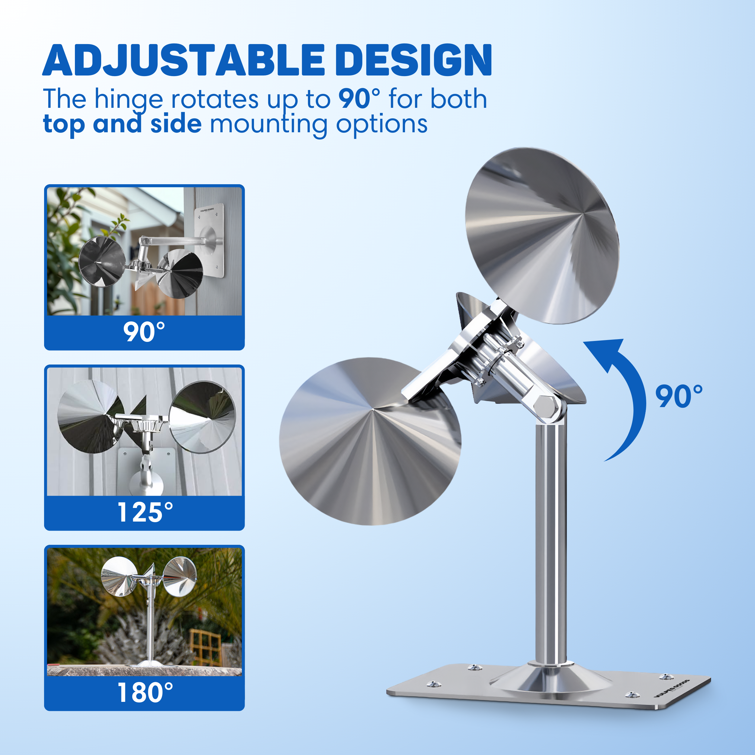 A metal weather vane with adjustable angles. Shows different mounting options and angles.