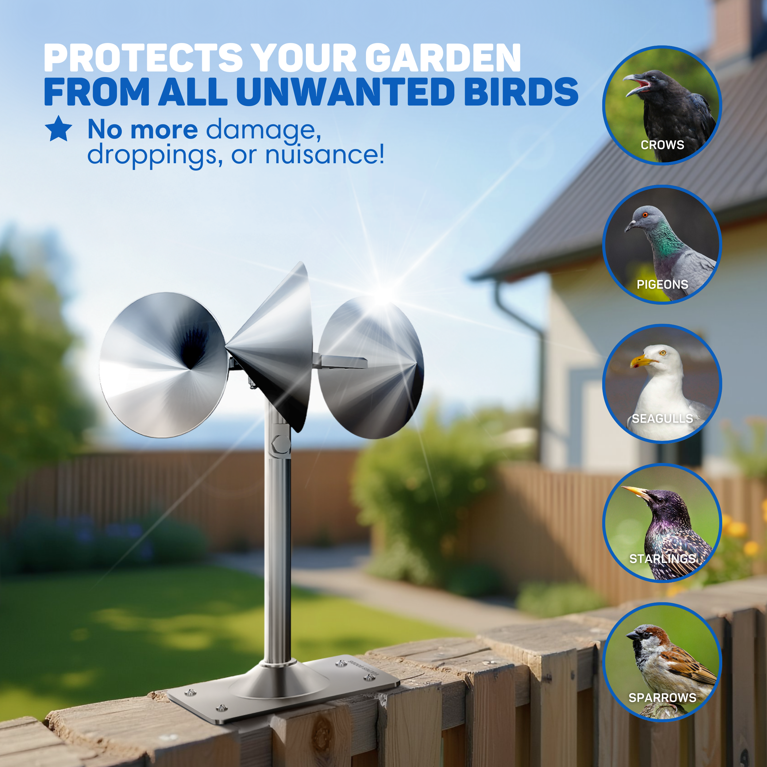 A bird deterrent on a wooden fence. It has a shiny metal design and protects the garden from birds like crows and sparrows.