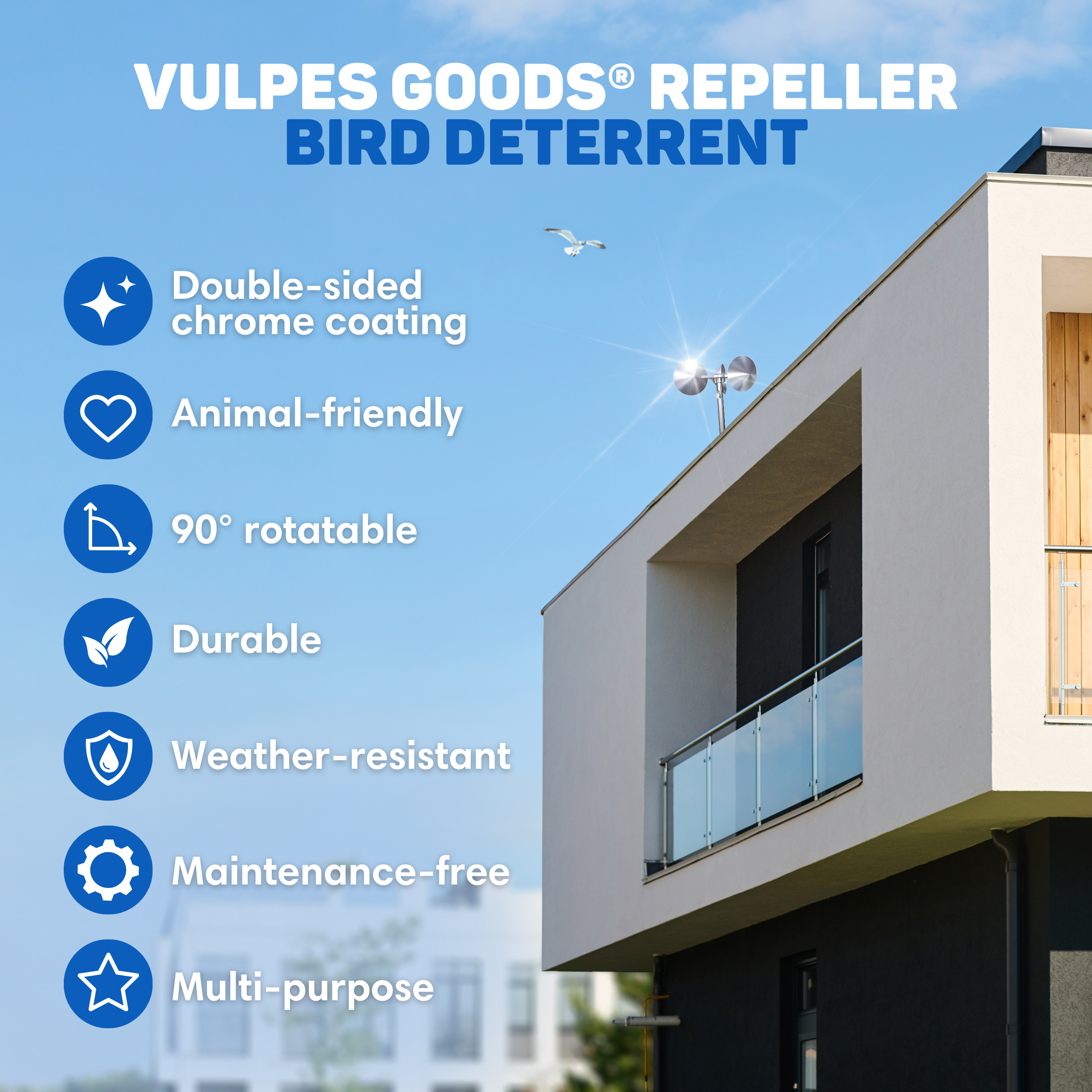Image shows a bird deterrent on a modern building. Text lists features like durable, weather resistant and animal friendly.