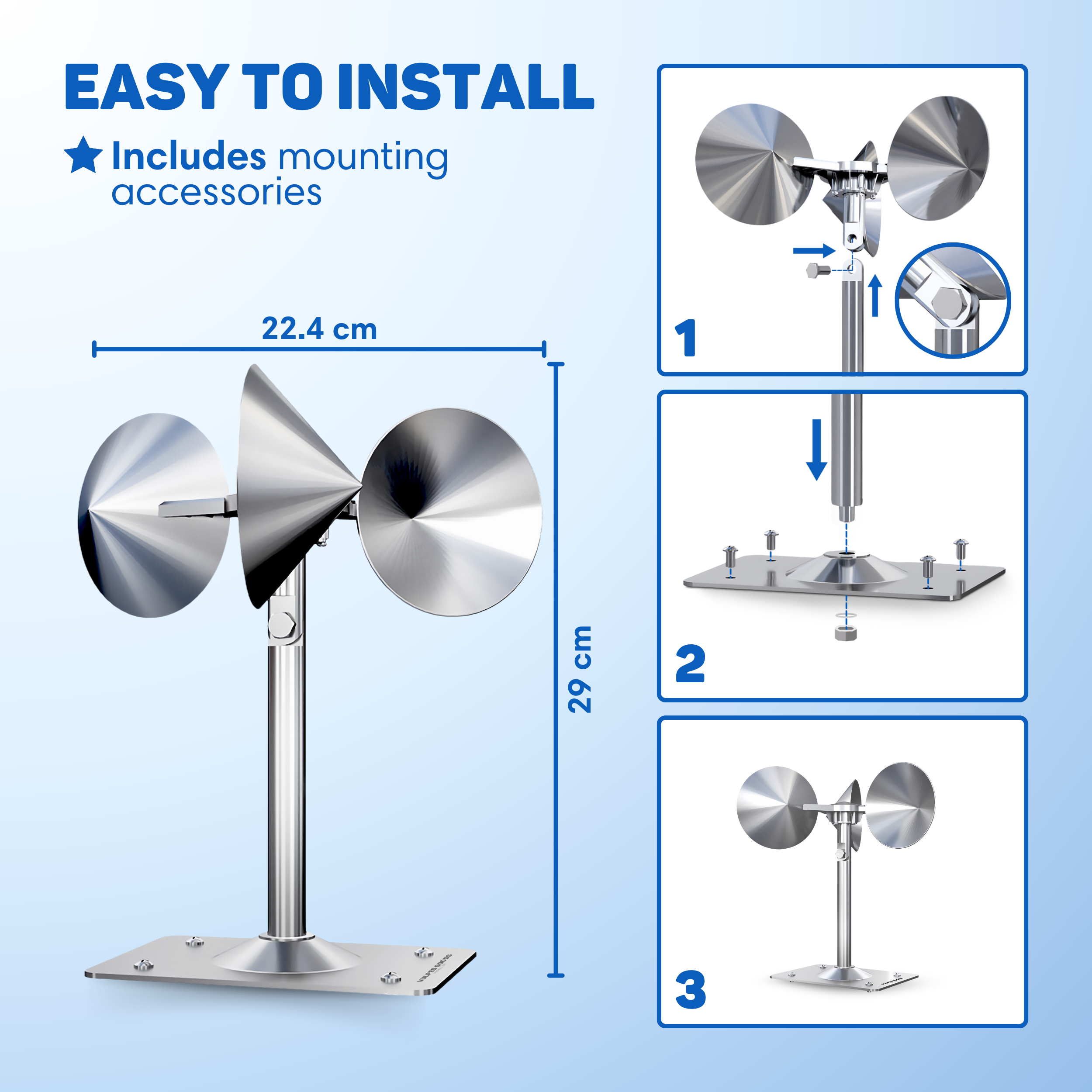 Silver anemometer with three rotating cups, labeled with dimensions and installation steps, on a light blue background.