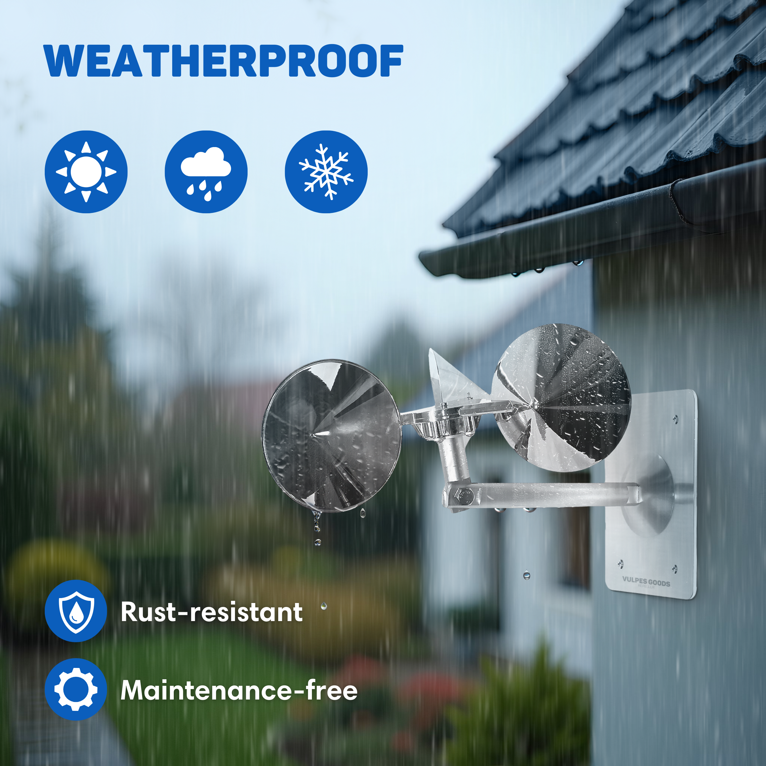 A weather-proof wind vane on a building, in the rain. Icons for sun, rain, and snow are displayed.