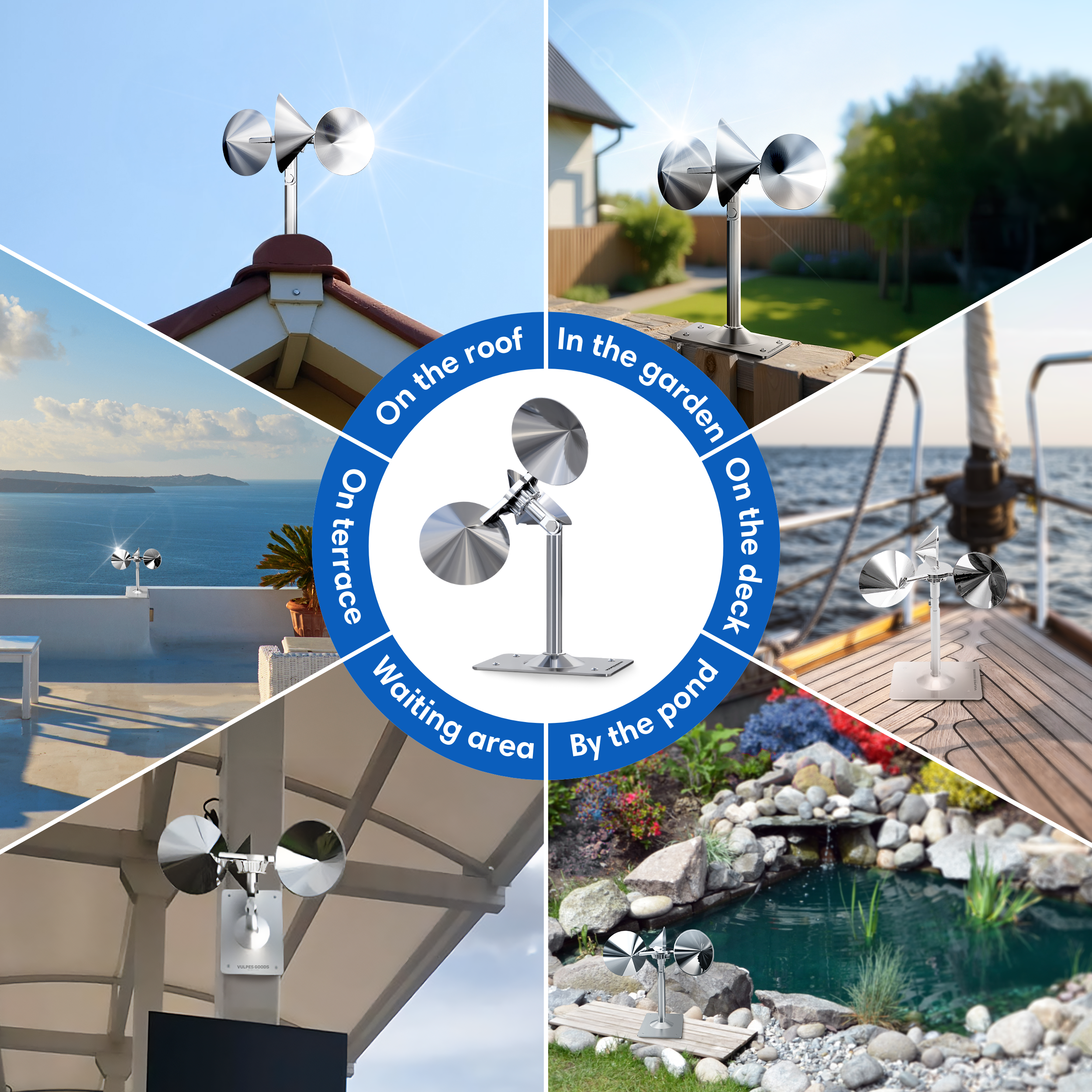 A wind vane in different locations: on a roof, in a garden, on a terrace, on a deck, in a waiting area, and by a pond.