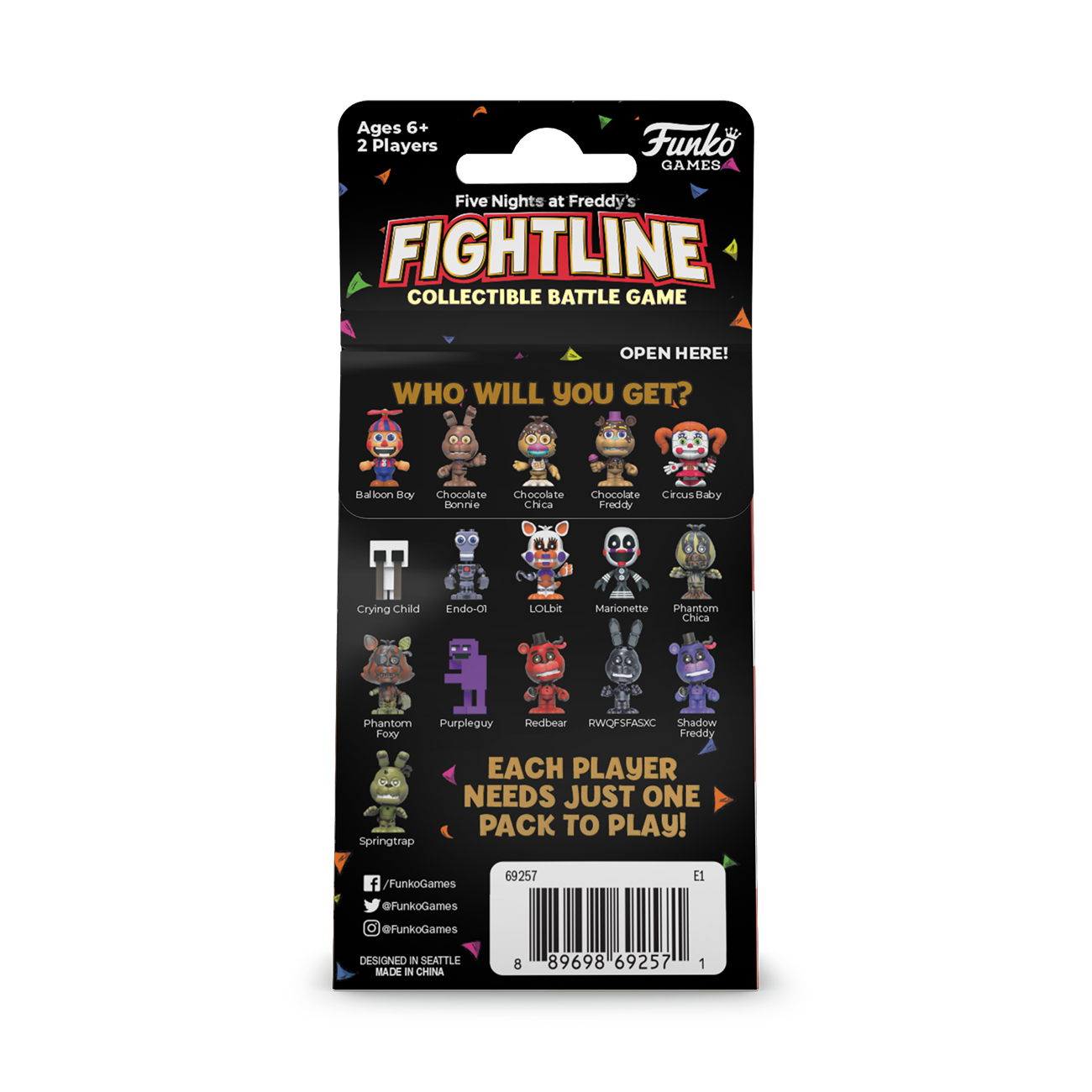 Una caja del juego Funko Fightline. Muestra varios personajes de Five Nights at Freddy's. La caja es negra con gráficos coloridos.