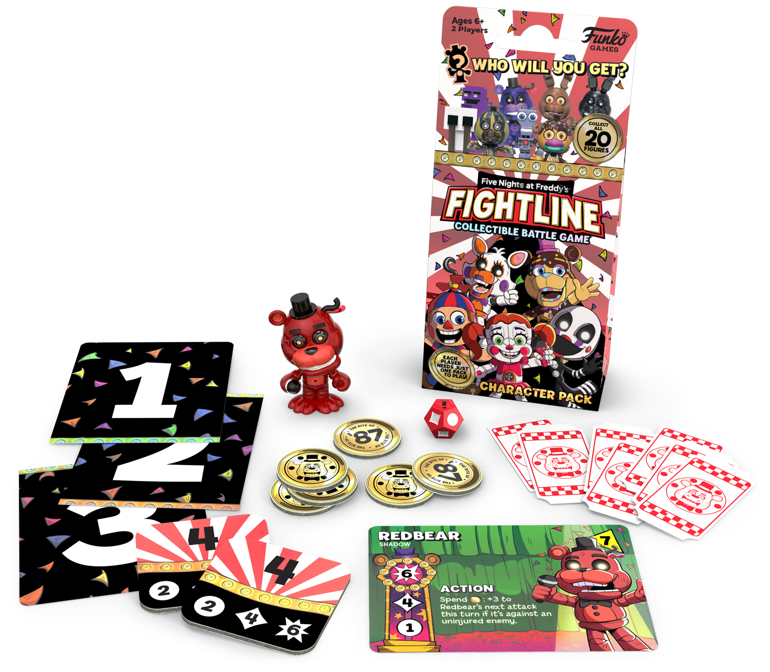 Un juego de mesa de Five Nights at Freddy's. Incluye cartas, monedas, una figura de Redbear, dados y un paquete de personajes.
