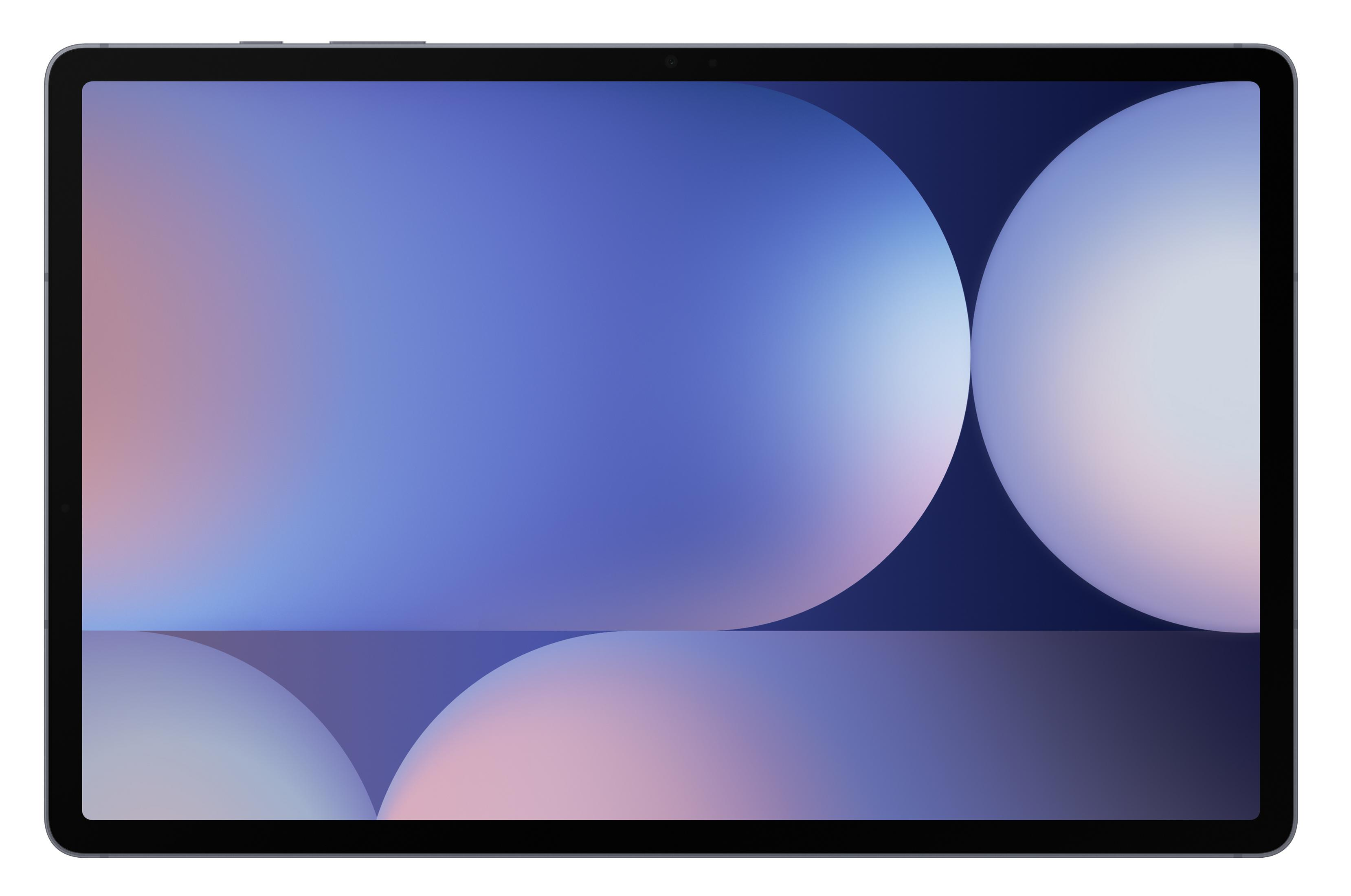 Tablet z ekranem wyświetlającym niebiesko-biały gradient z okrągłymi kształtami.