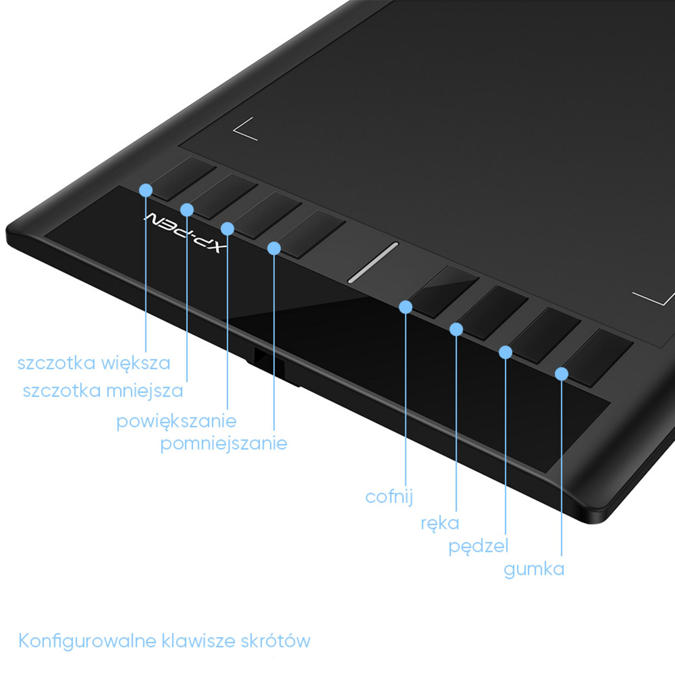 Una tavoletta grafica XP-PEN nera. Ha pulsanti in polacco, tra cui dimensione pennello, zoom, annulla ed gomma.