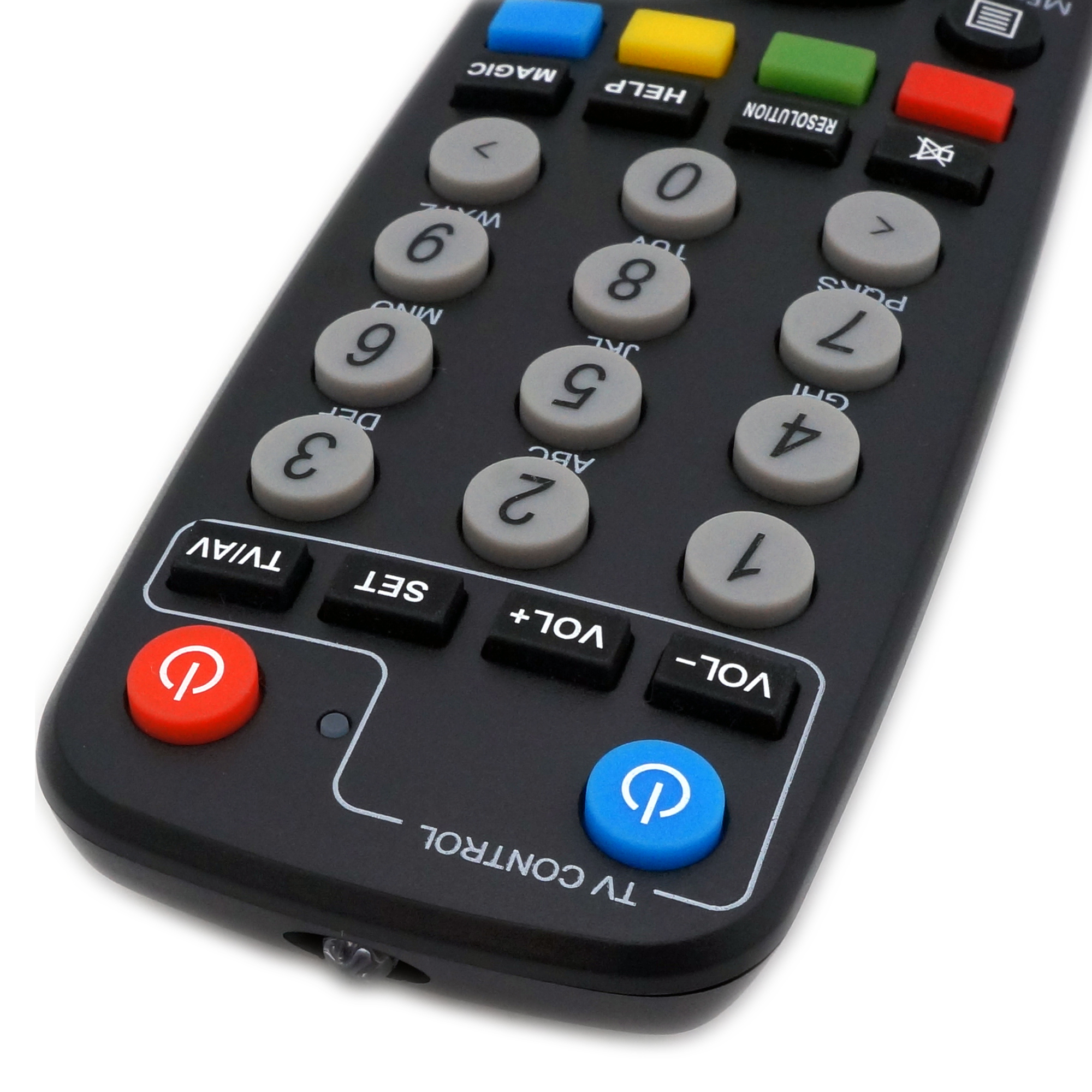 Nahaufnahme einer schwarzen TV-Fernbedienung mit verschiedenen Tasten, darunter Zahlen, Ein-/Aus- und Lautstärkeregler, auf weißem Hintergrund.