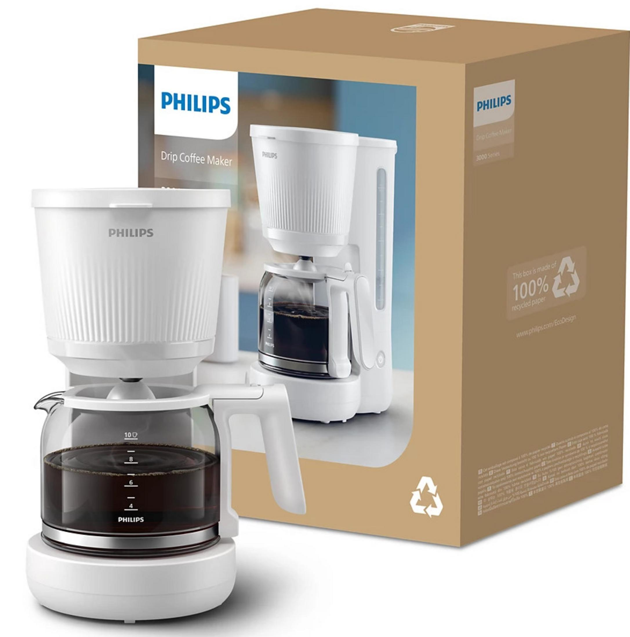 Biały ekspres przelewowy Philips i pudełko. Na pudełku napis: '100% papieru z recyklingu'.