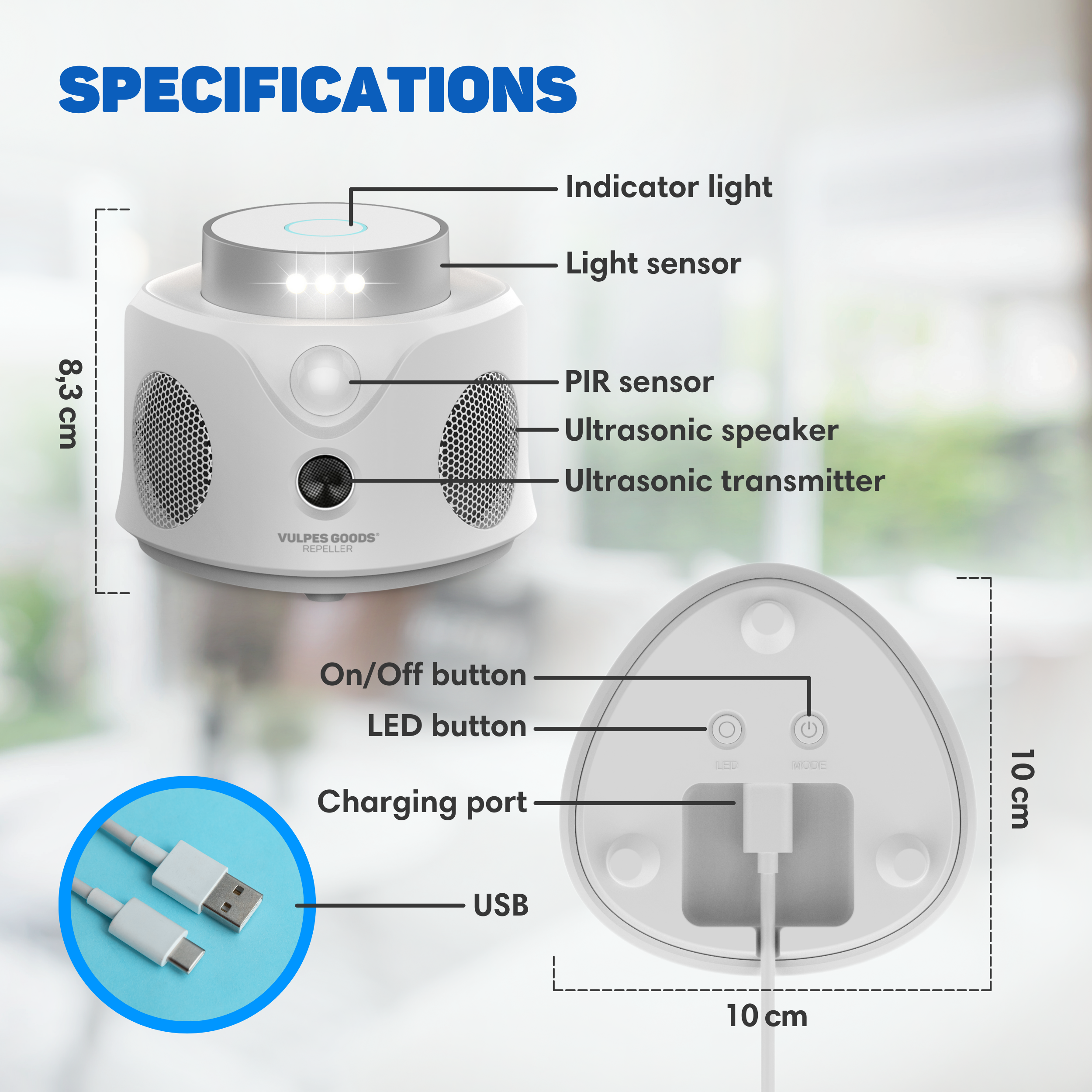 Diagramm eines weißen Geräts mit beschrifteten Komponenten, darunter Sensor, Lautsprecher und Tasten sowie USB-Kabel.