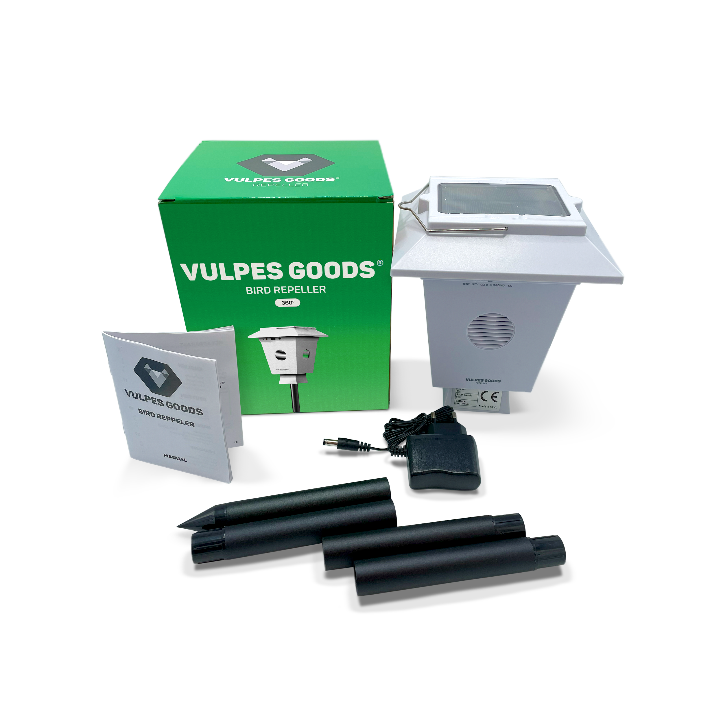 A bird repeller kit. It includes a green box, a white device, black poles, a manual, and a power adapter.