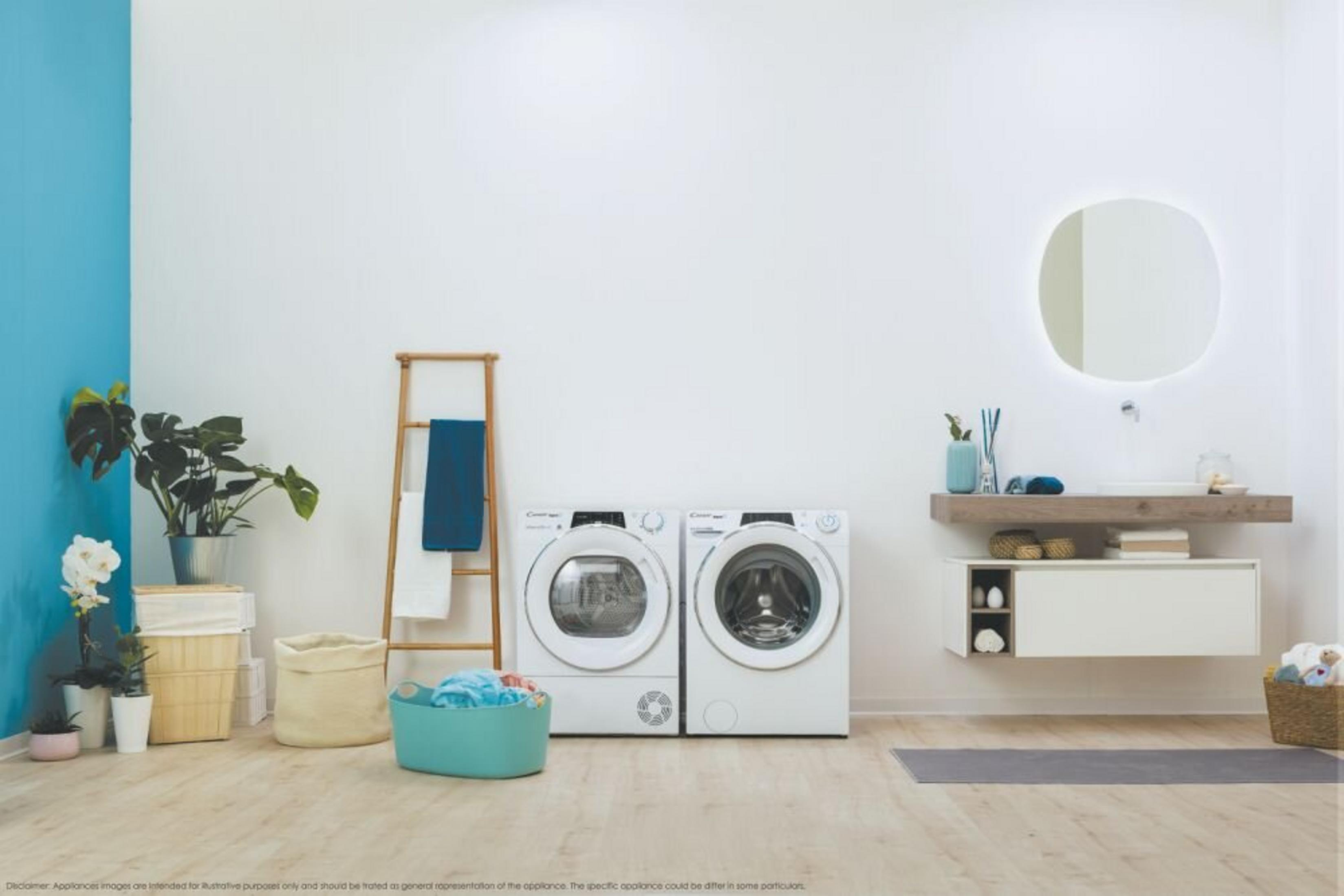 Un bagno con lavatrici, piante e un lavandino. Parete blu a sinistra, pareti bianche. Pavimento in legno.