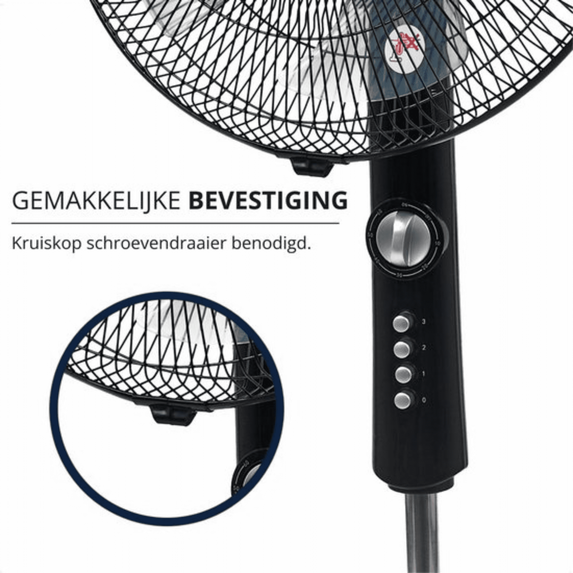 Schwarzer Ventilator mit Schutzgitter. Er hat ein Bedienfeld und einen kreisförmigen Sockel. Text: 'Einfache Befestigung'.