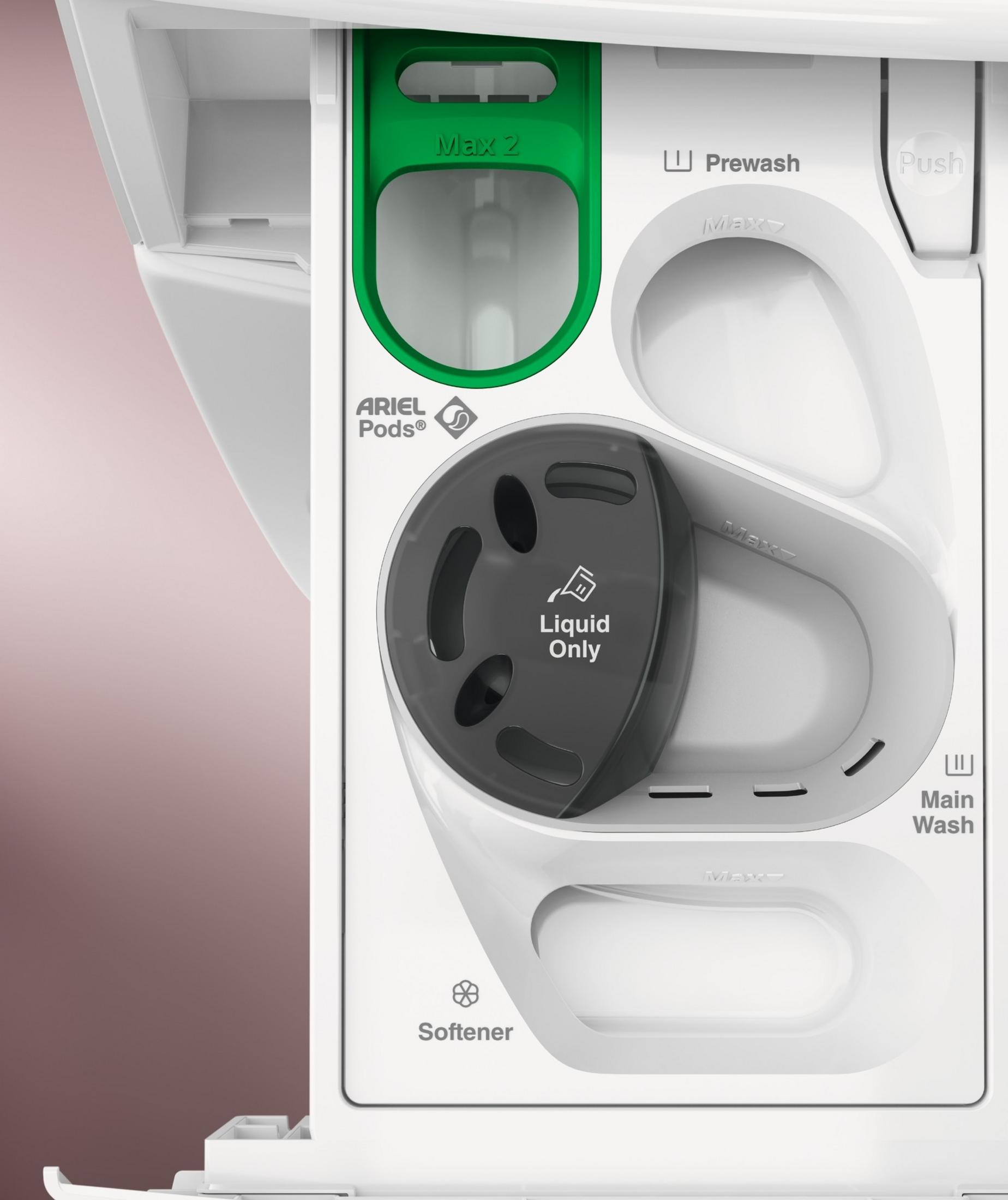 Primo piano del cassetto di una lavatrice. Scomparti per prelavaggio, lavaggio principale, ammorbidente e detersivo liquido.