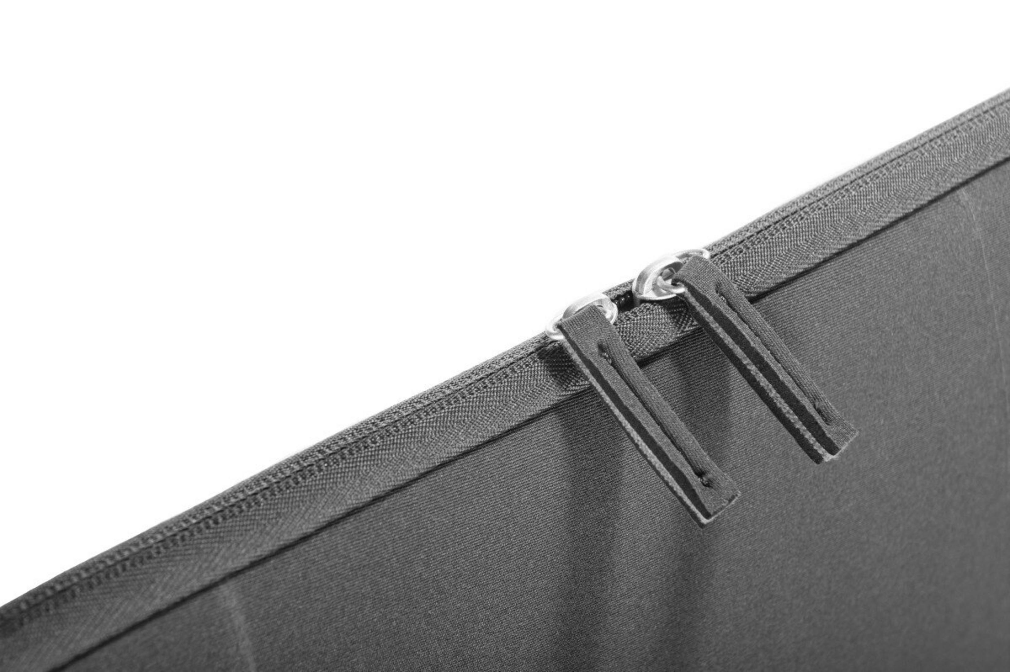 Nahaufnahme eines schwarzen Stoffes mit Reißverschluss, zwei Zuglaschen und silberner Hardware. Weißer Hintergrund.