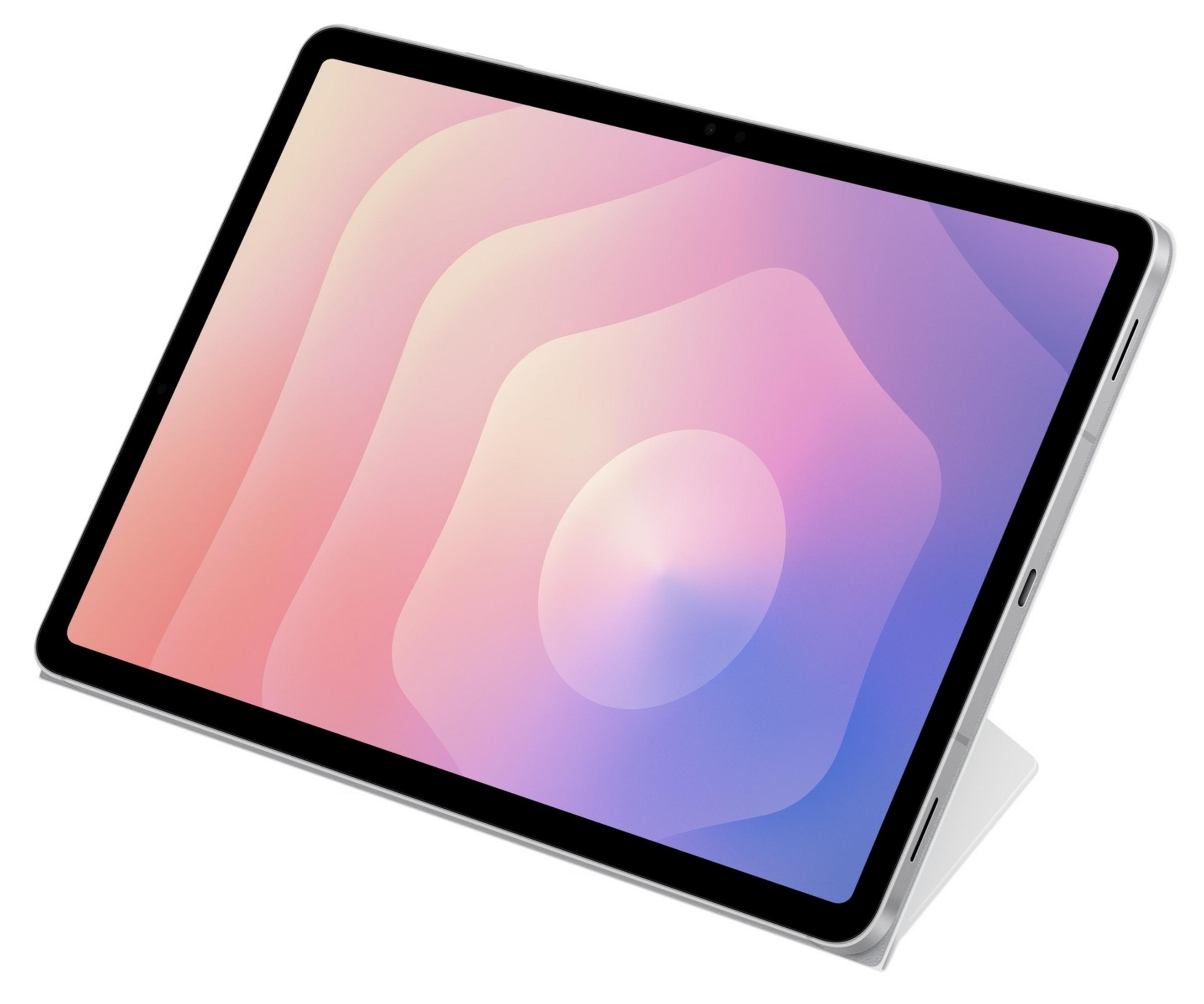 Tablet z kolorowym, abstrakcyjnym ekranem. Tablet jest srebrny i pochylony, z białą podstawką.