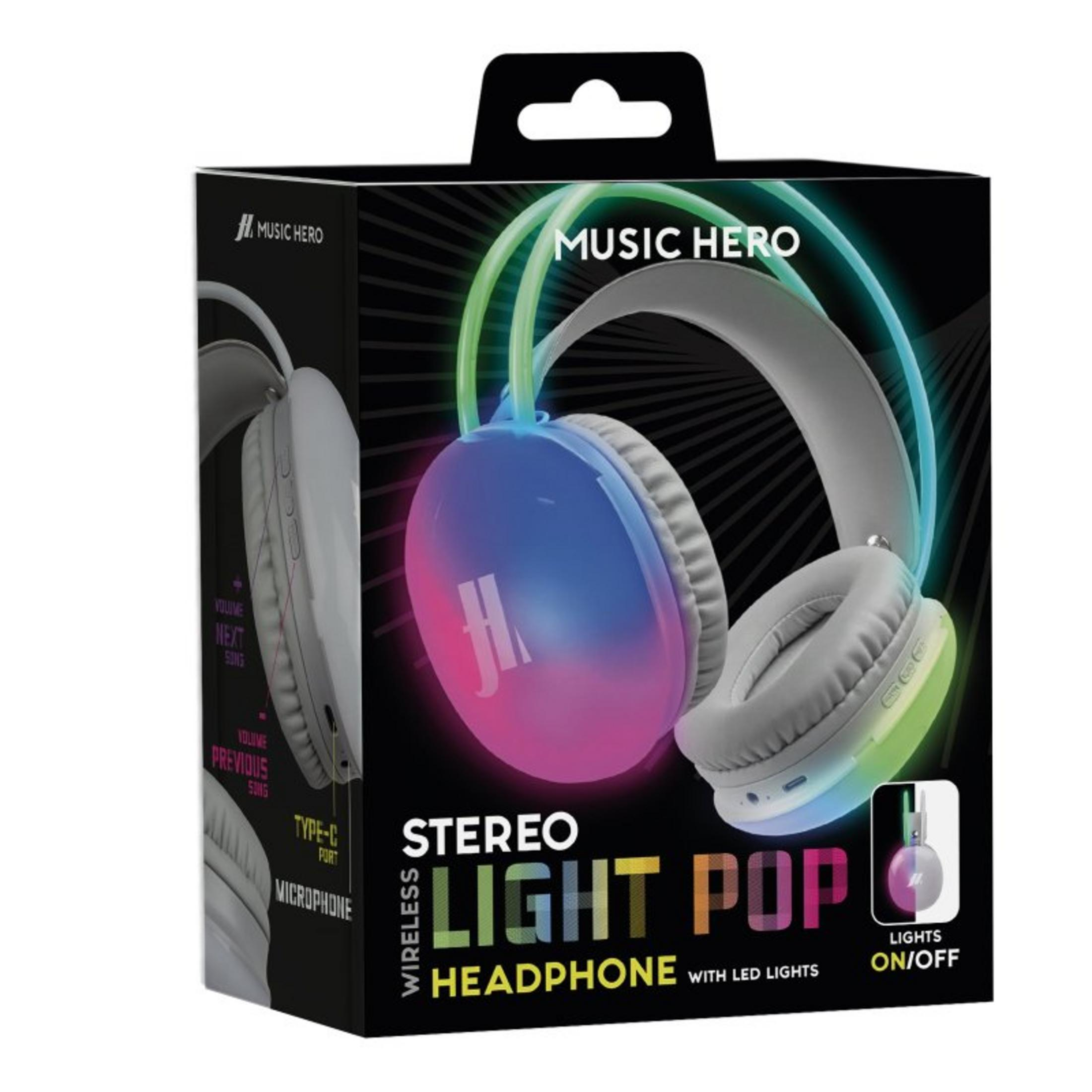 Scatola per cuffie. Mostra delle cuffie stereo wireless con luci a LED. La scatola è nera con la scritta 'MUSIC HERO'.