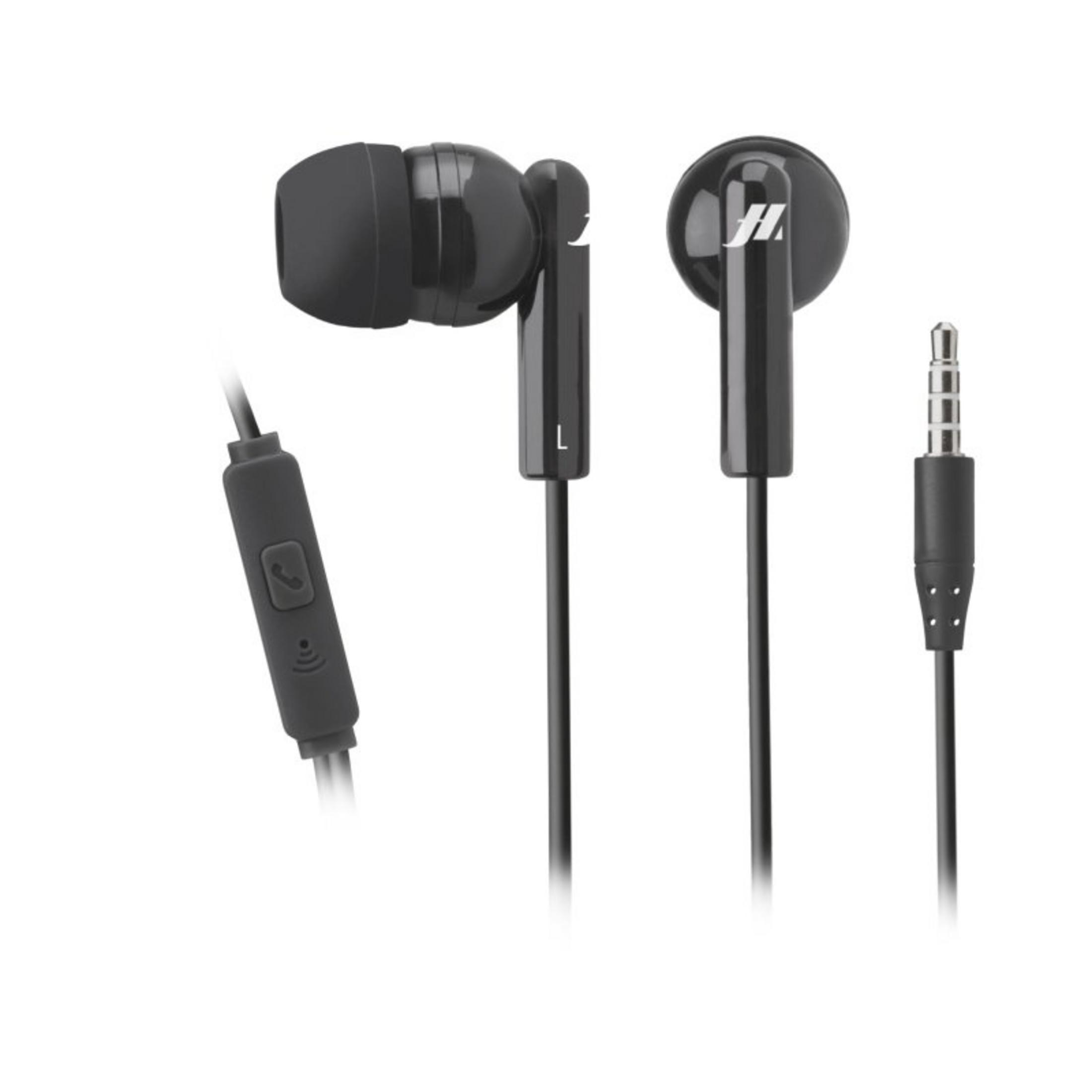 Black in-ear headphones with a microphone and a 3.5mm jack. The design includes a control button.