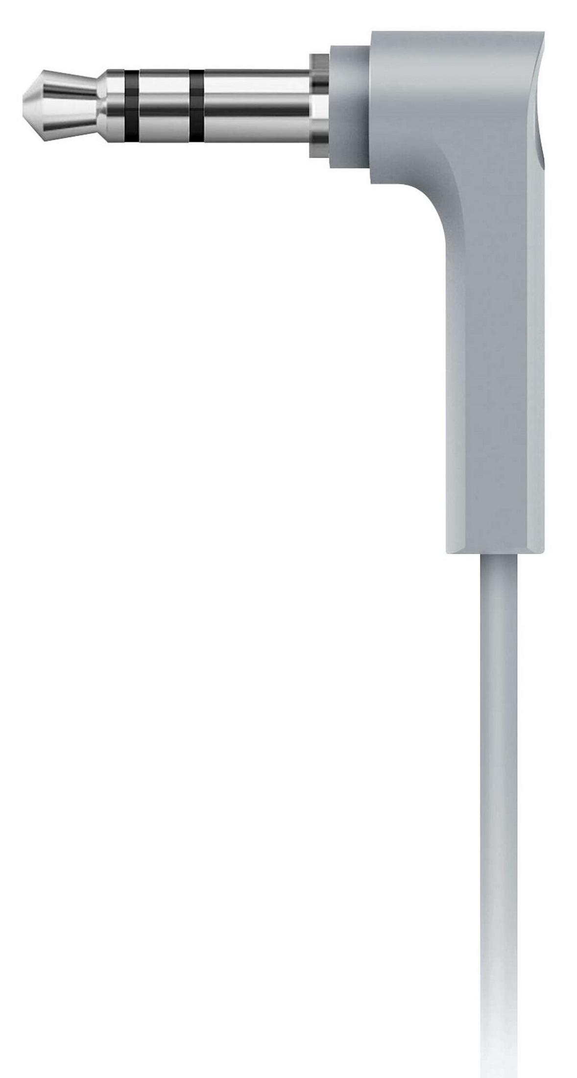 Nahaufnahme eines silbernen Audioanschlusses mit schwarzen Ringen und einem grauen, L-förmigen Stecker und Kabel auf weißem Hintergrund.