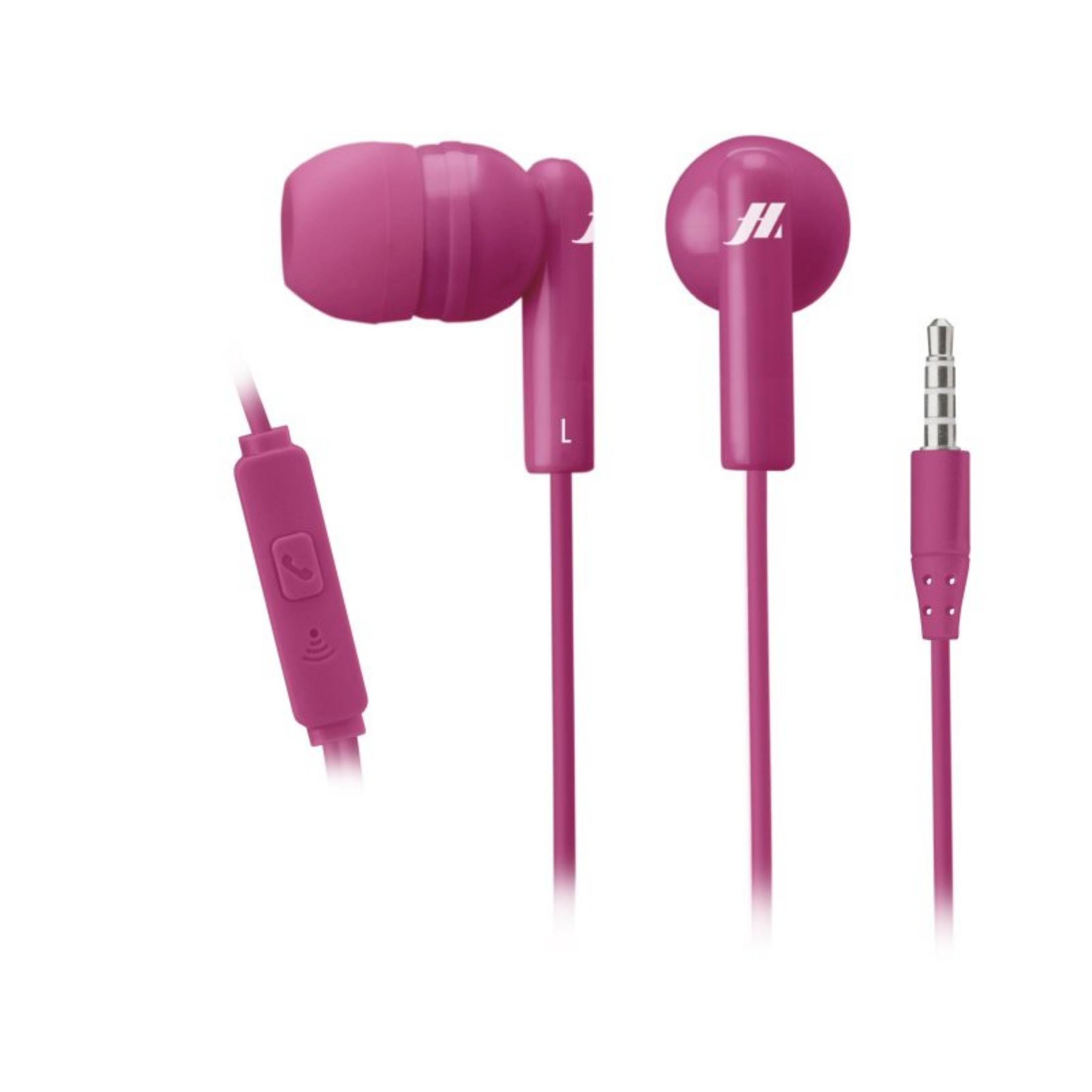 Pink in-ear headphones on a white background. They have a microphone and a 3.5mm jack.