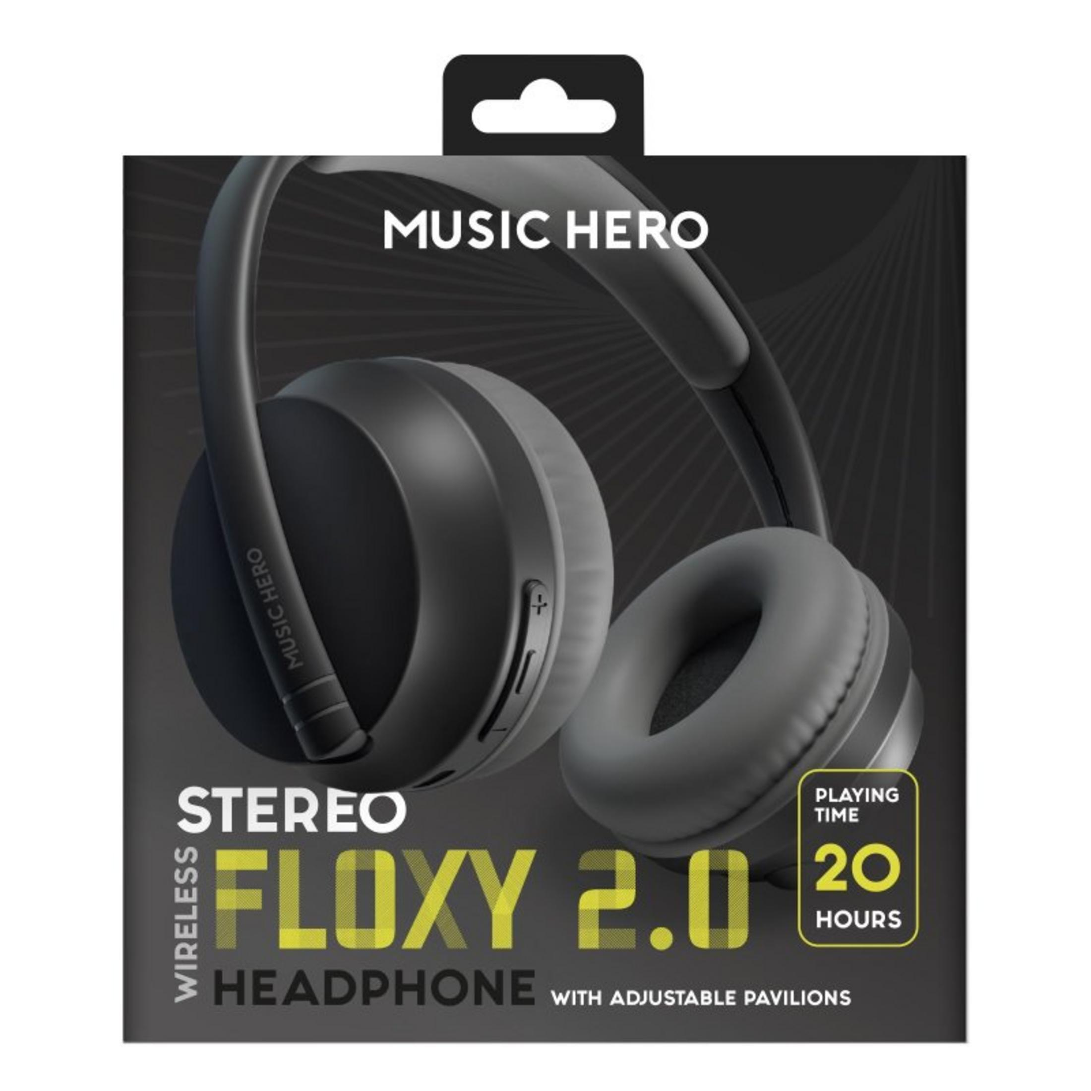 Cuffie in una scatola. La scatola dice 'MUSIC HERO FLOXY 2.0'. Mostra 20 ore di riproduzione.