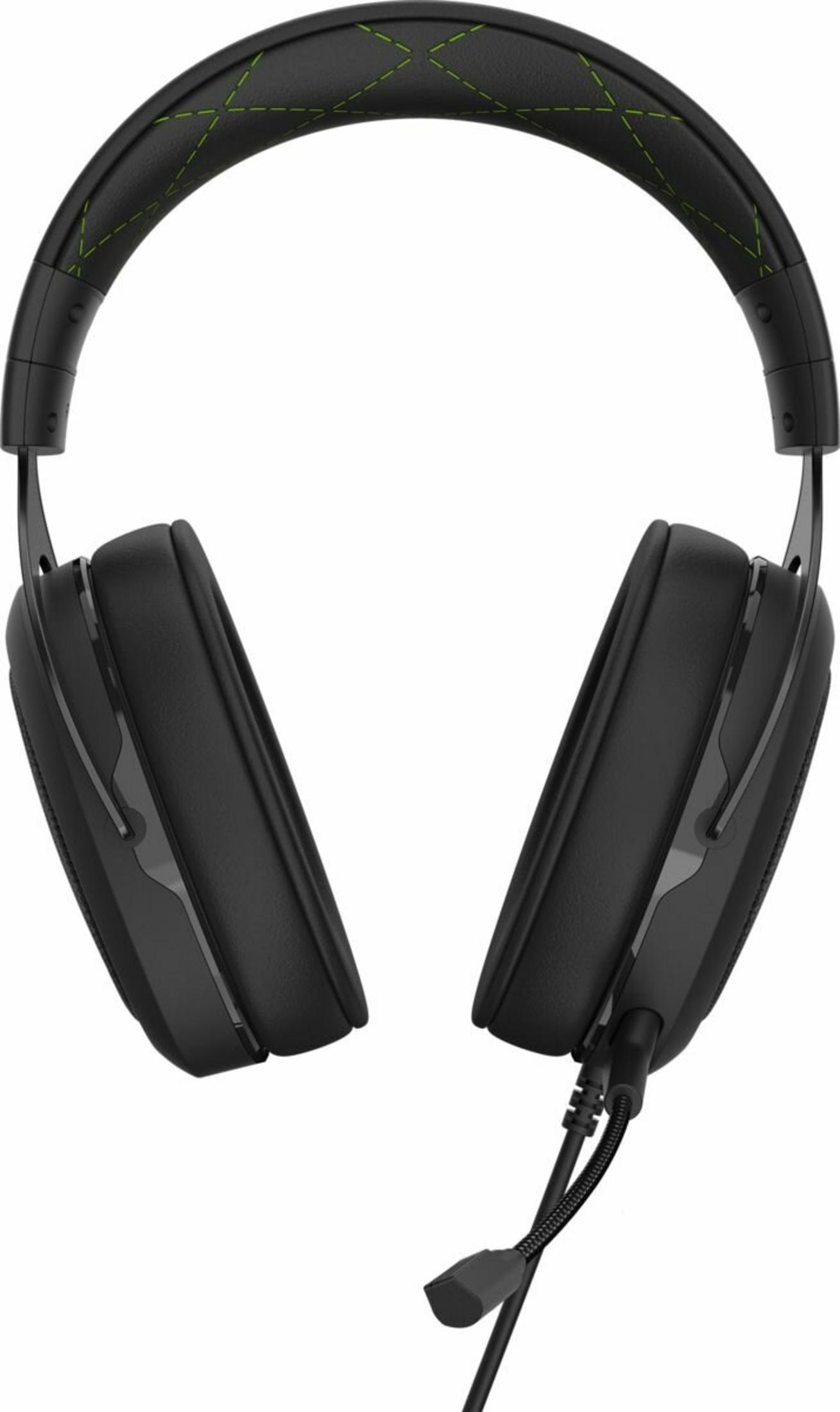 Schwarzes Gaming-Headset mit grünen Nähten am Bügel. Es hat ein Mikrofon und befindet sich vor weißem Hintergrund.