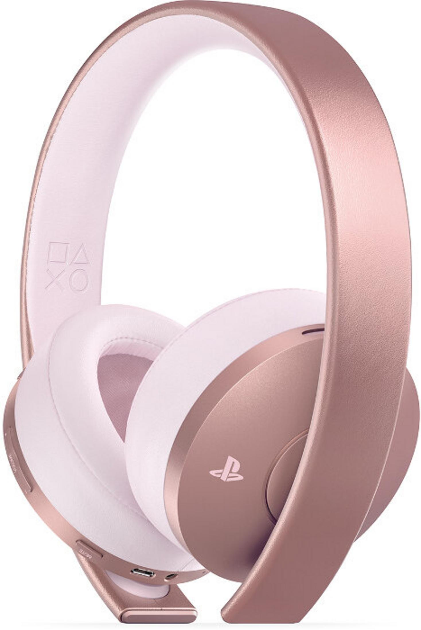 Roségoldenes und weißes PlayStation 4-Headset. Die Ohrmuscheln sind weiß, der Rahmen ist roségold. PlayStation-Logo auf der Ohrmuschel.