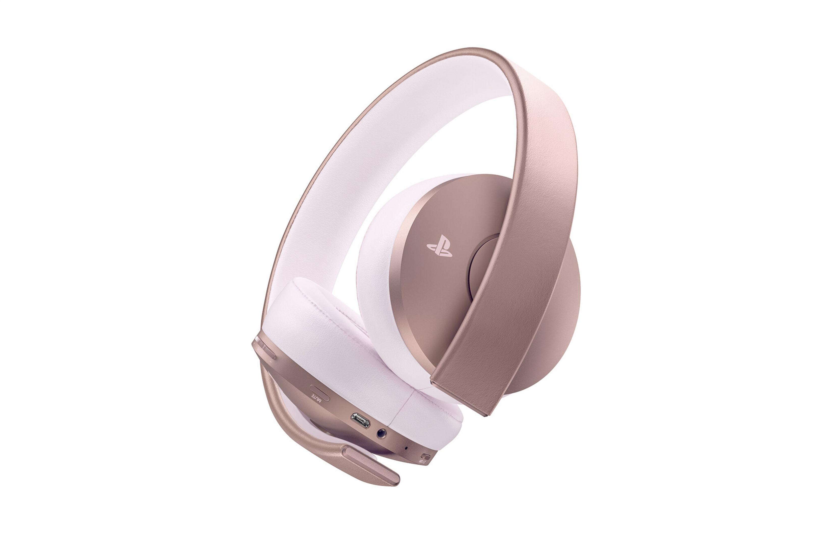 Drahtlose Kopfhörer in Roségold und Weiß vor weißem Hintergrund. Das PlayStation-Logo ist sichtbar.