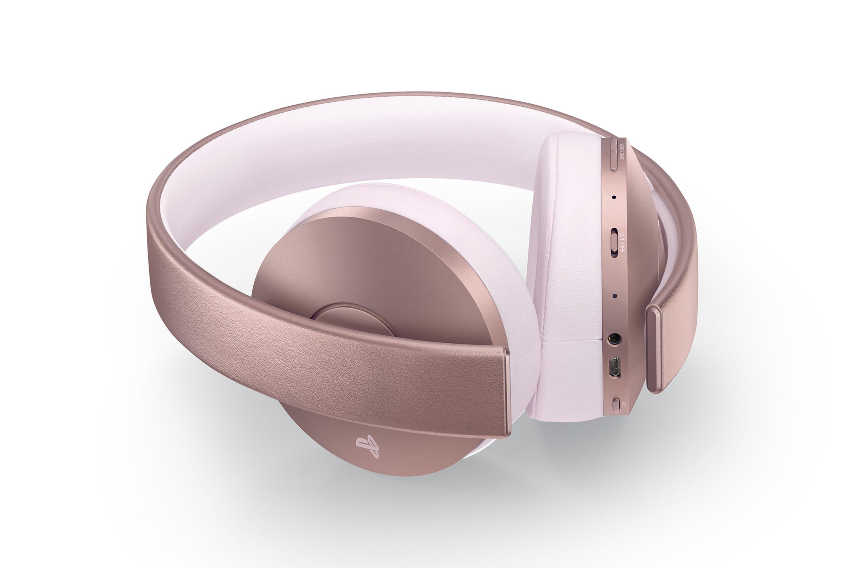 Drahtlose Kopfhörer in Roségold und Weiß. Das Design ist modern, mit gebogenem Bügel und Ohrmuscheln.