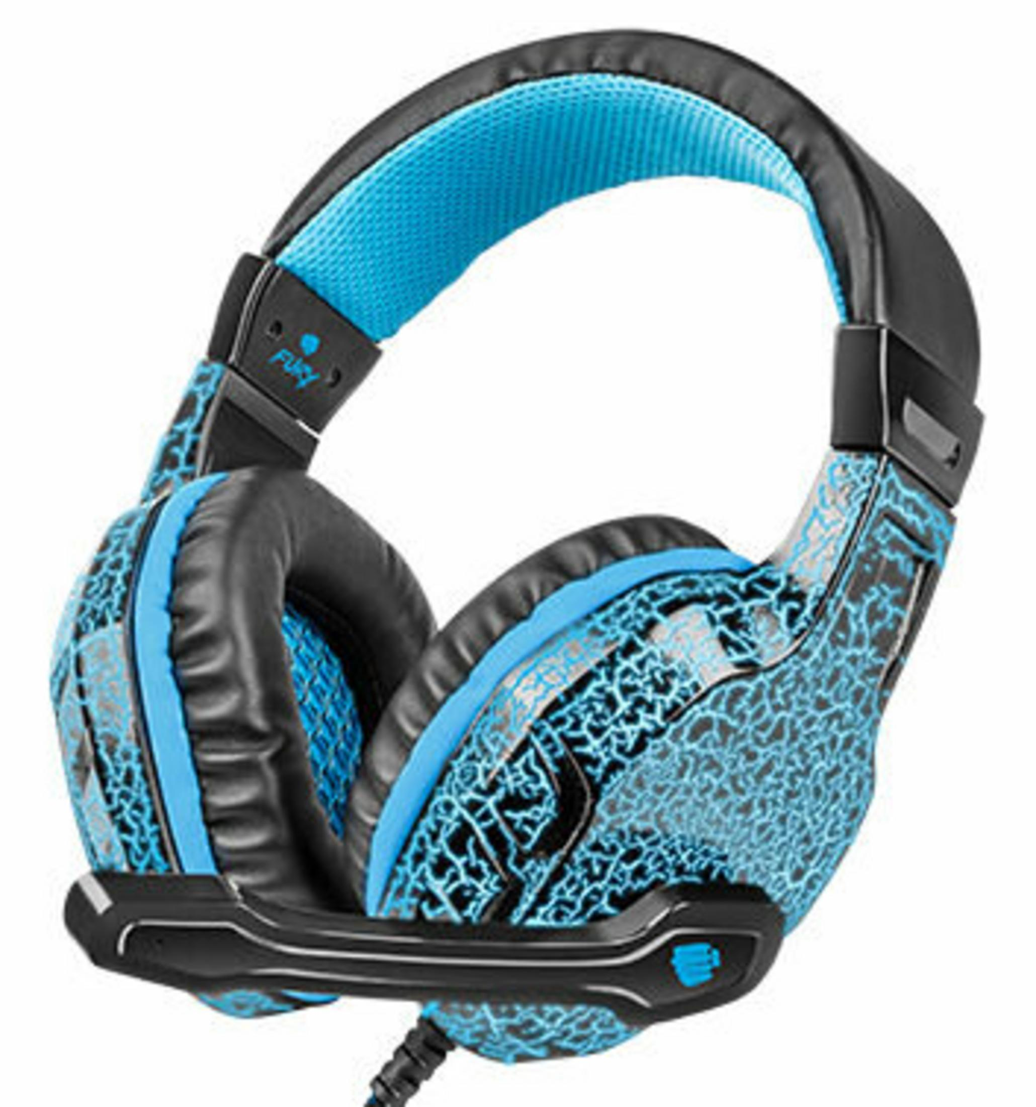 Zestaw słuchawkowy do gier. Czarne i niebieskie kolory. Nausznik i pałąk mają pęknięty wzór.