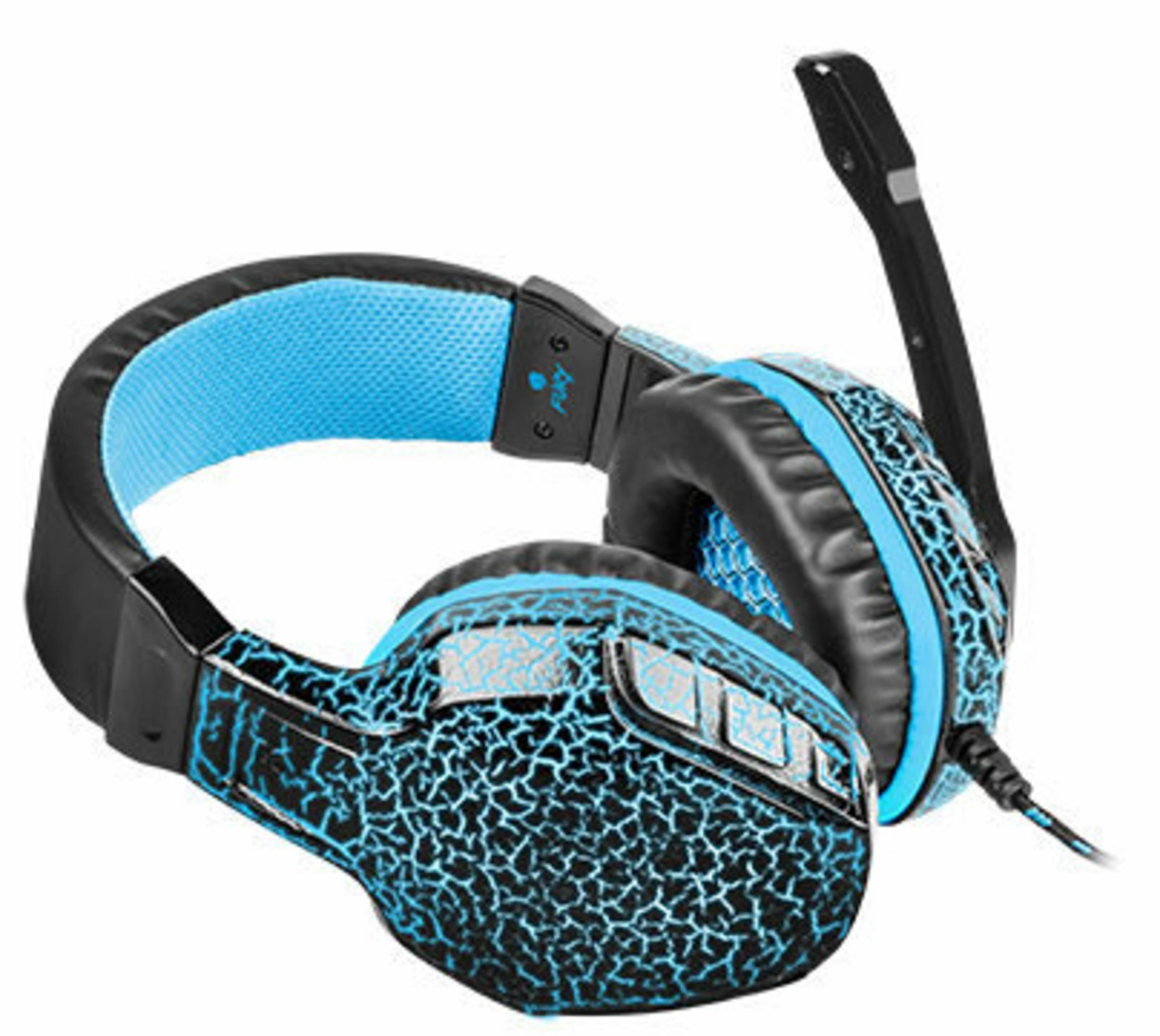 Zestaw słuchawkowy dla graczy w czarno-niebieskim designie. Posiada mikrofon i kabel. Nausznik ma unikalny wzór.