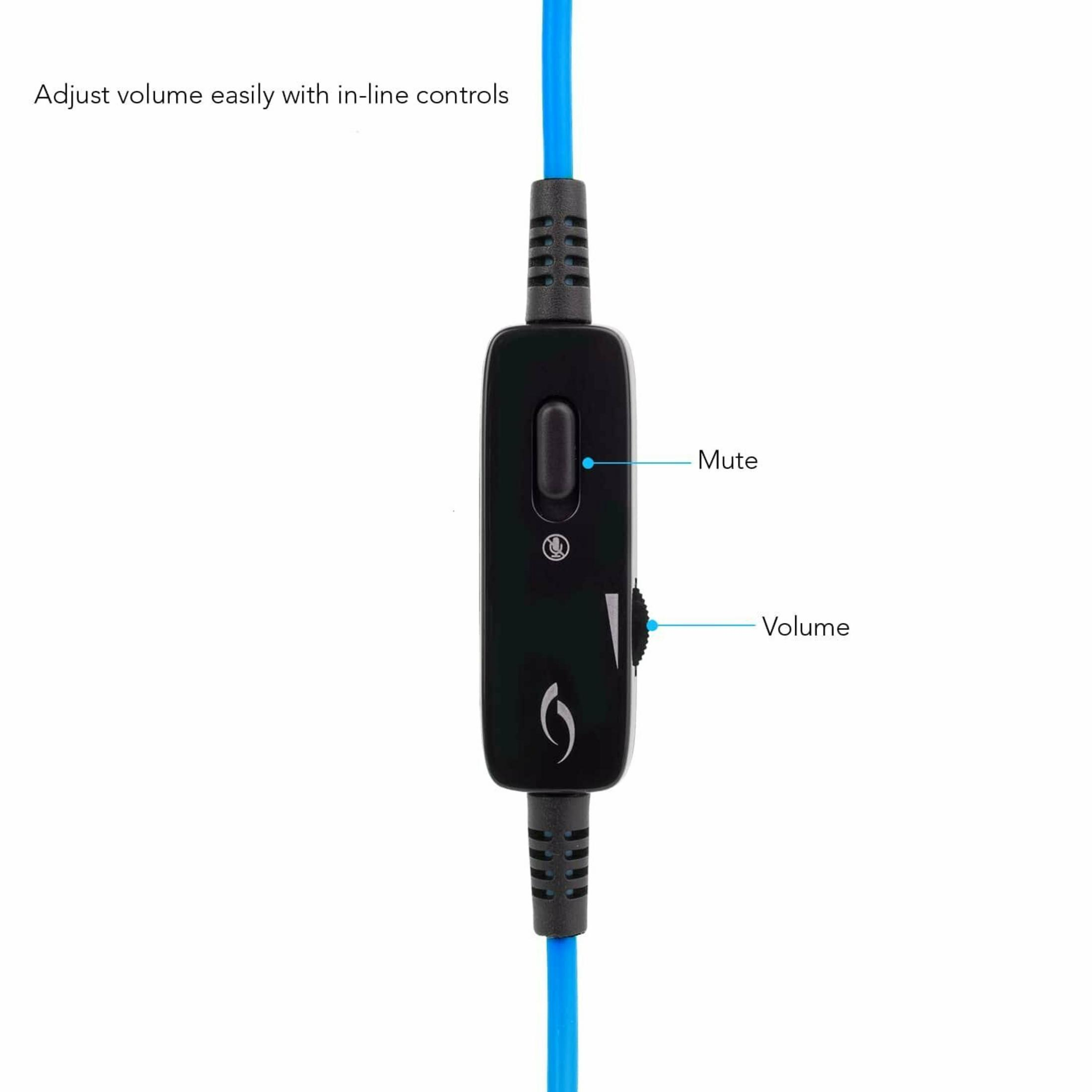 Kontrola w linii słuchawek. Czarny prostokąt z przyciskiem wyciszenia i pokrętłem głośności, na niebieskim kablu. Białe tło.